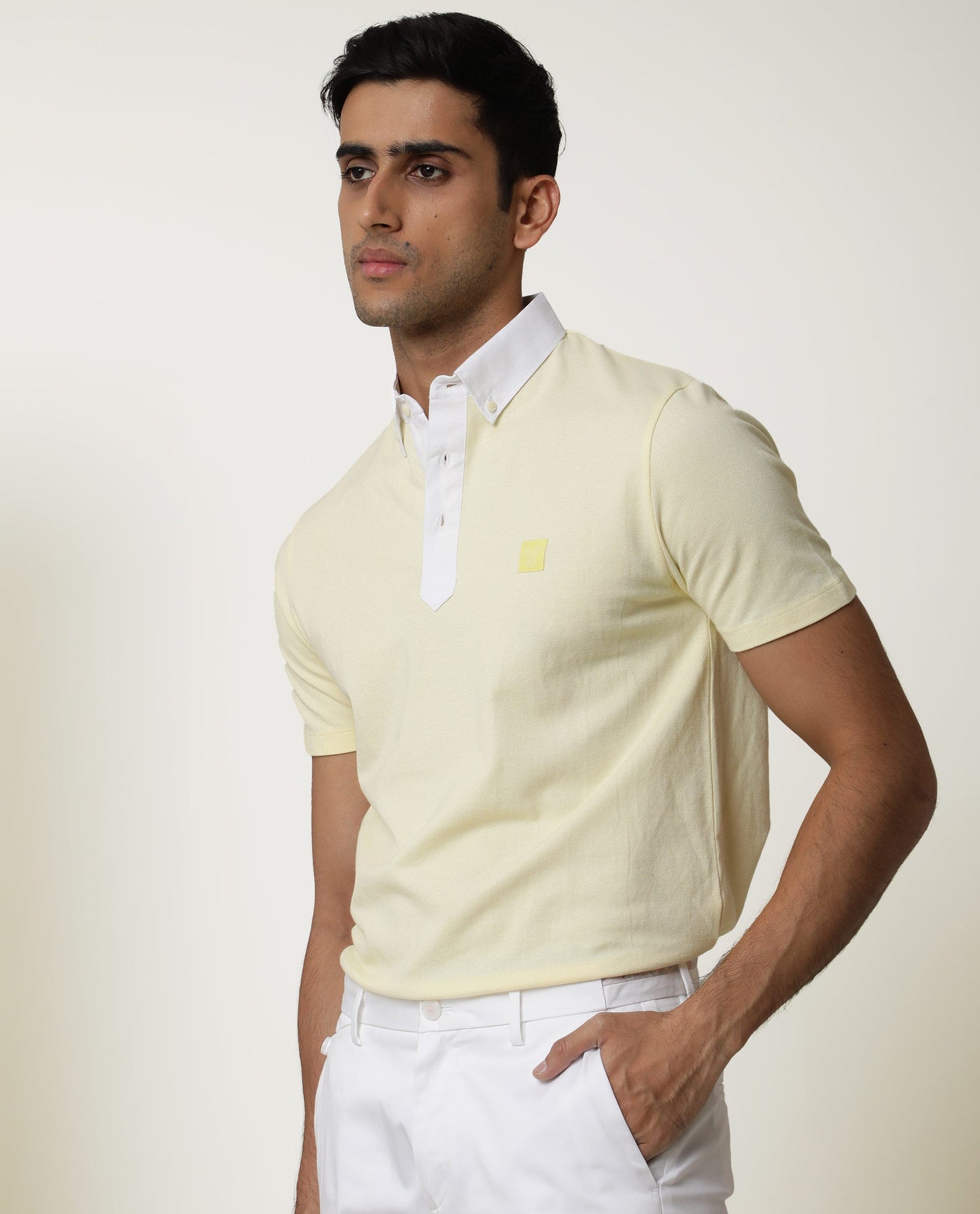 Rare Rabbit Men's Parma Yellow Cotton Fabric Collared Neck Half Sleeves Button Closure Polo T-Shirt