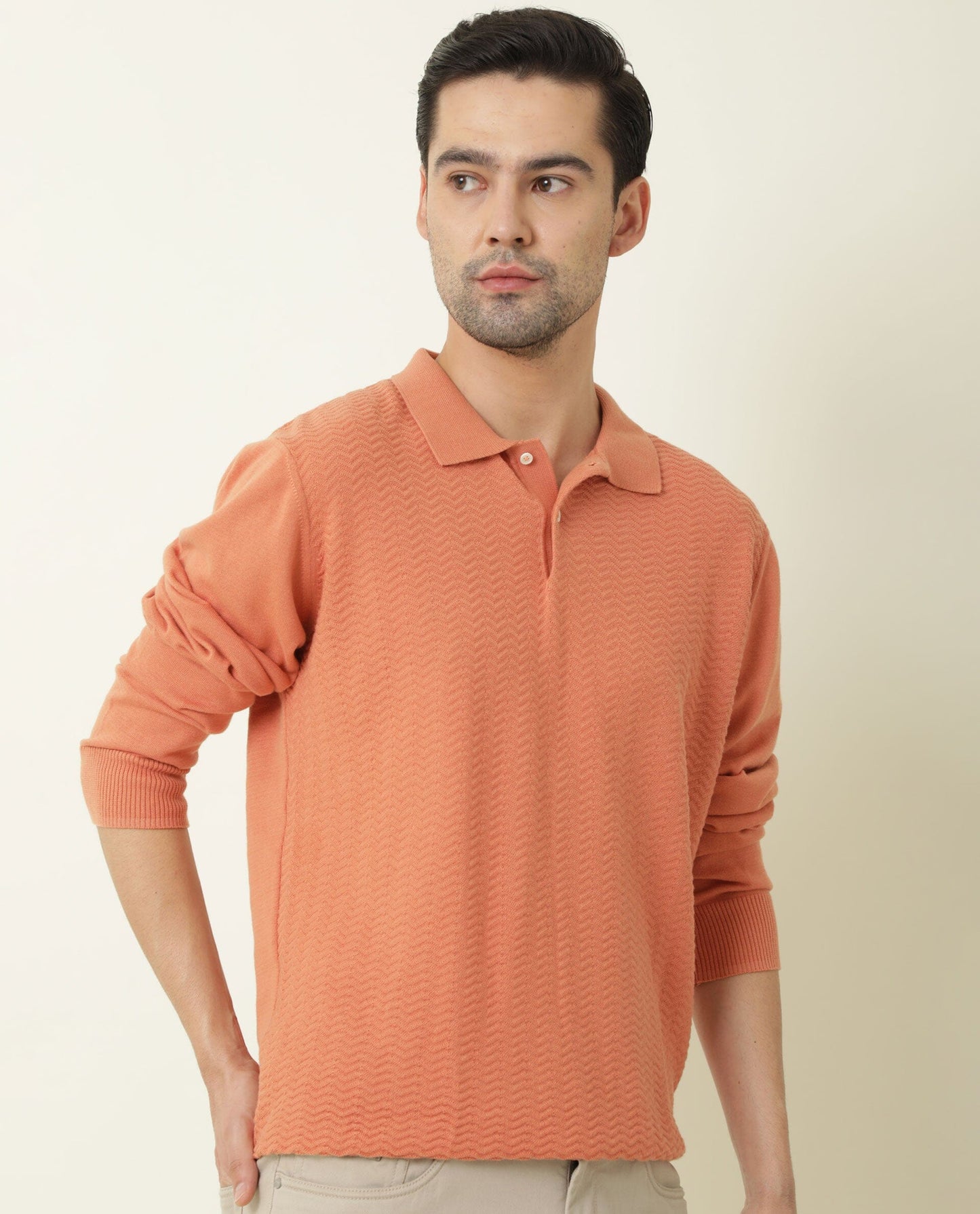 Rare Rabbit Men's Present Orange Cotton Fabric Full Sleeves Textured Polo T-Shirt