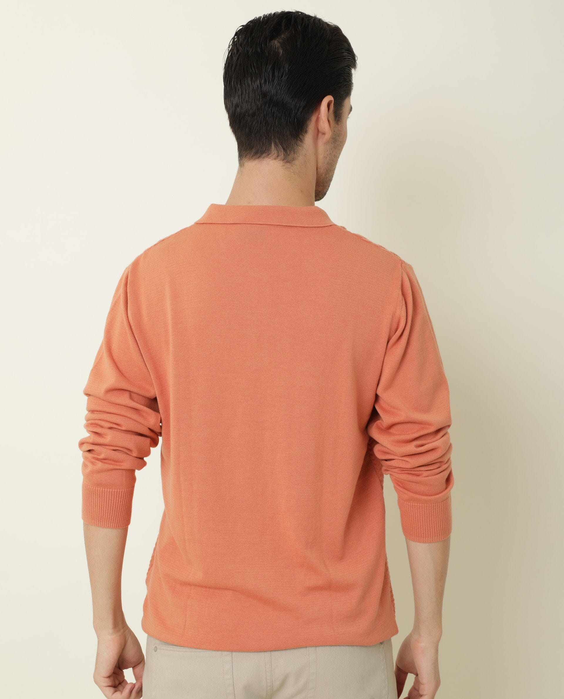 Rare Rabbit Men's Present Orange Cotton Fabric Full Sleeves Textured Polo T-Shirt
