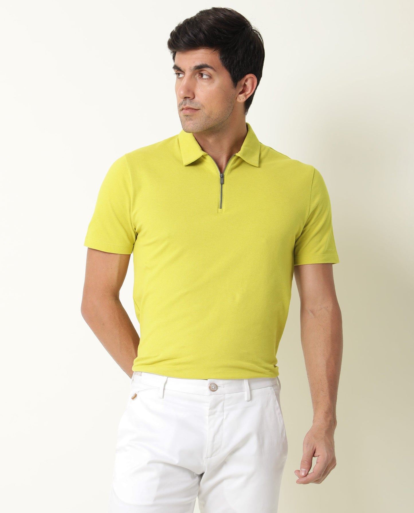 Rare Rabbit Men's Stel Fluorescent Yellow Cotton Fabric Collared Neck Zipper Closure Half Sleeves Polo T-Shirt