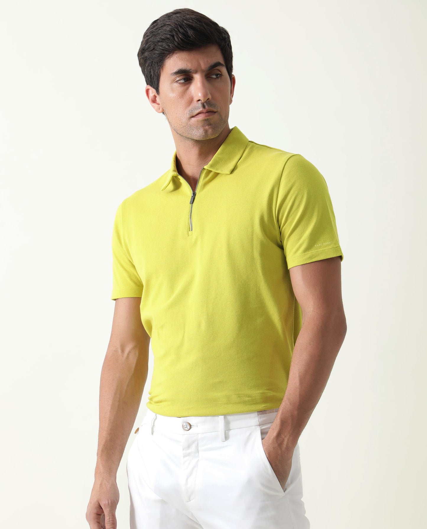 Rare Rabbit Men's Stel Fluorescent Yellow Cotton Fabric Collared Neck Zipper Closure Half Sleeves Polo T-Shirt