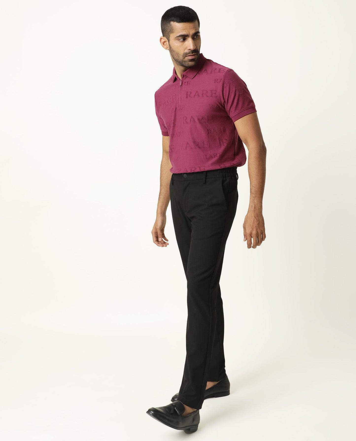Rare Rabbit Men'S Gesset Dark Pink Polo Cotton Fabric Collared Neck Half Sleeves Zipper Closure