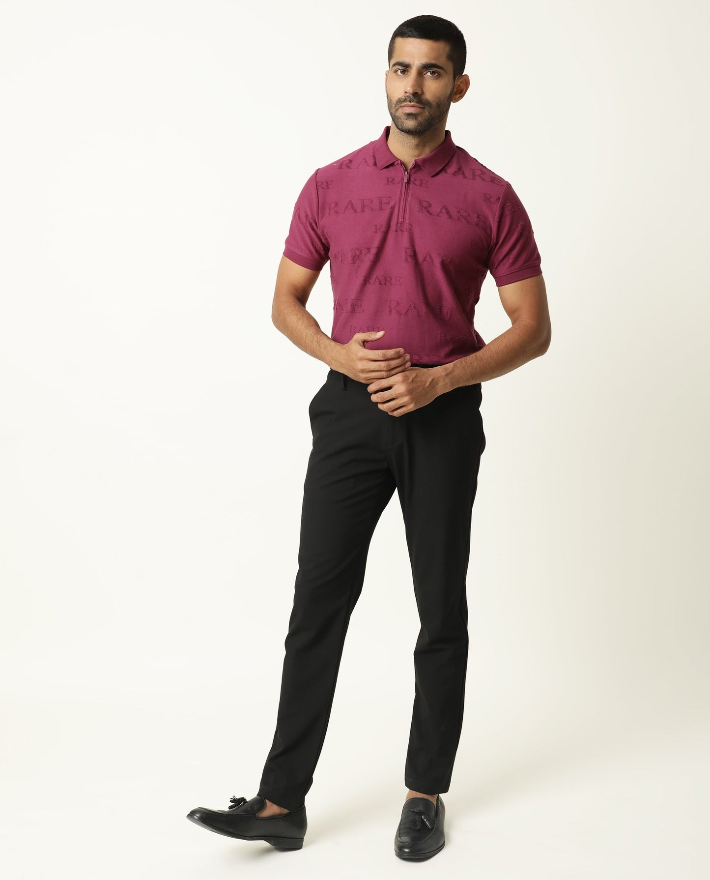Rare Rabbit Men'S Gesset Dark Pink Polo Cotton Fabric Collared Neck Half Sleeves Zipper Closure