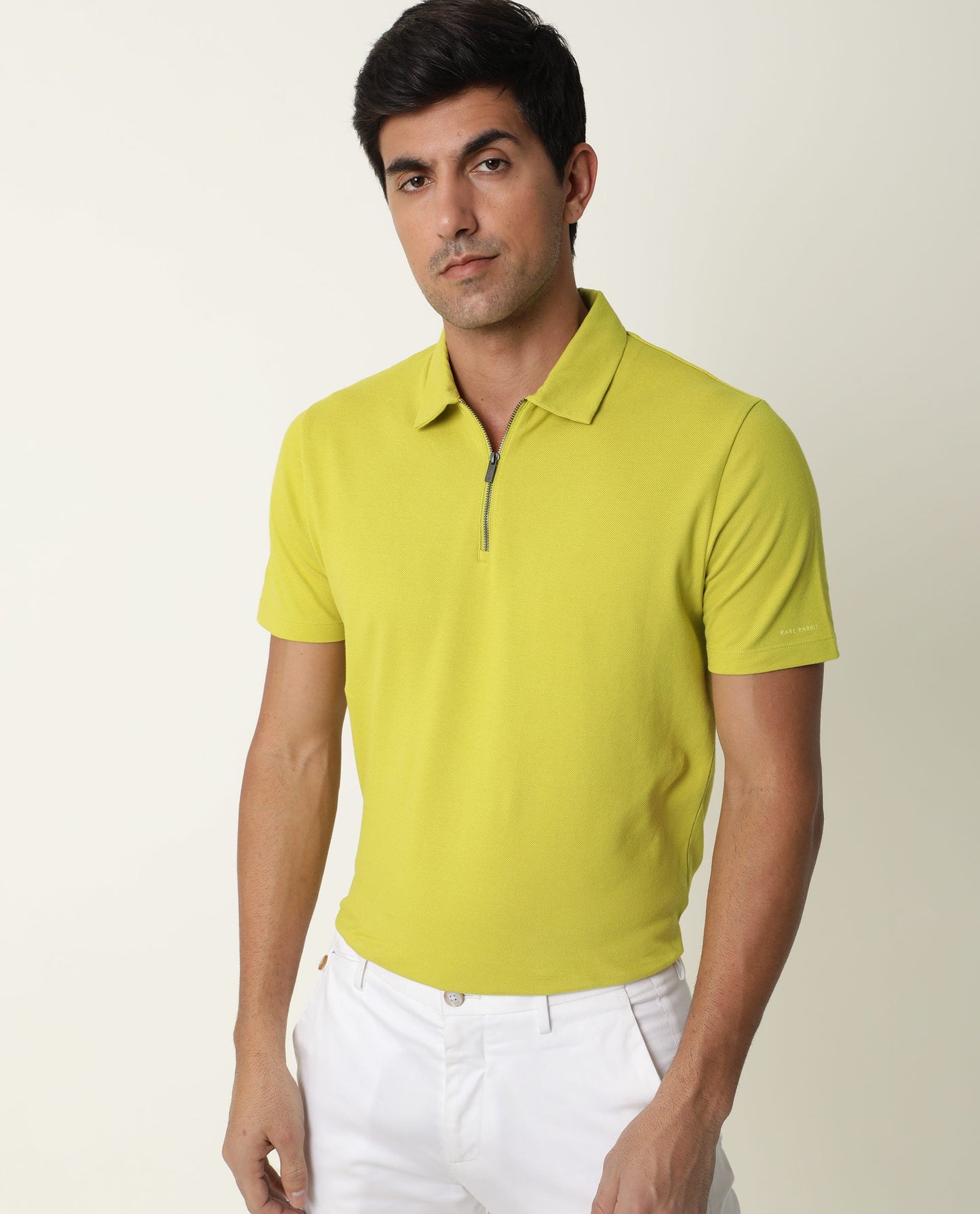 Rare Rabbit Men's Stel Fluorescent Yellow Cotton Fabric Collared Neck Zipper Closure Half Sleeves Polo T-Shirt