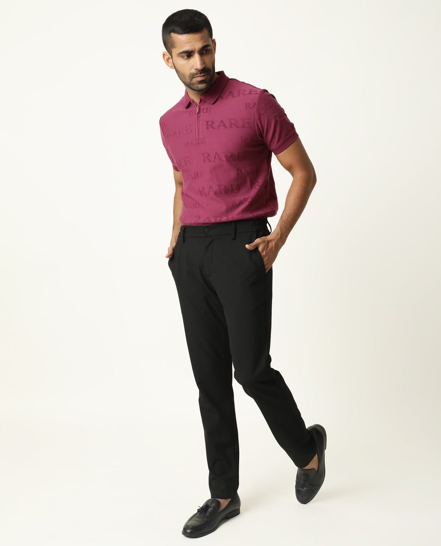 Rare Rabbit Men'S Gesset Dark Pink Polo Cotton Fabric Collared Neck Half Sleeves Zipper Closure