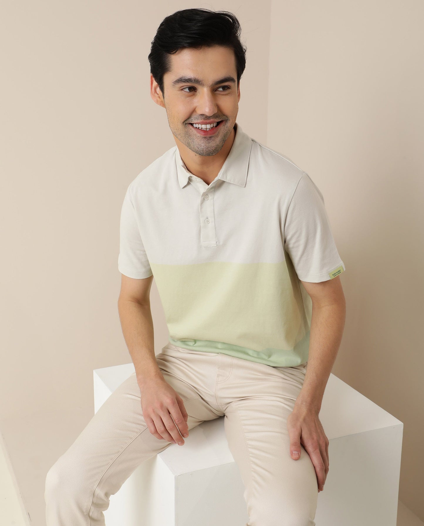 Rare Rabbit Blocky Green Cotton Fabric Collared Neck Color Block Half Sleeve Polo