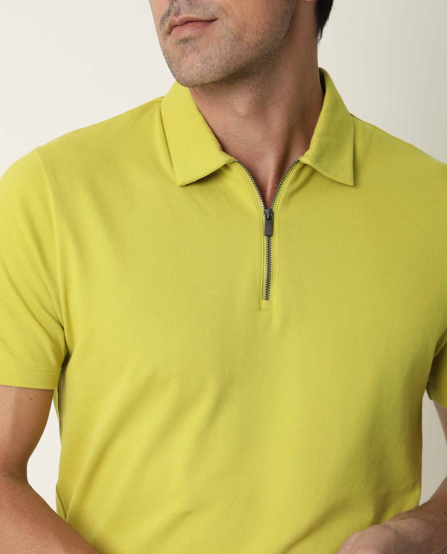 Rare Rabbit Men's Stel Fluorescent Yellow Cotton Fabric Collared Neck Zipper Closure Half Sleeves Polo T-Shirt