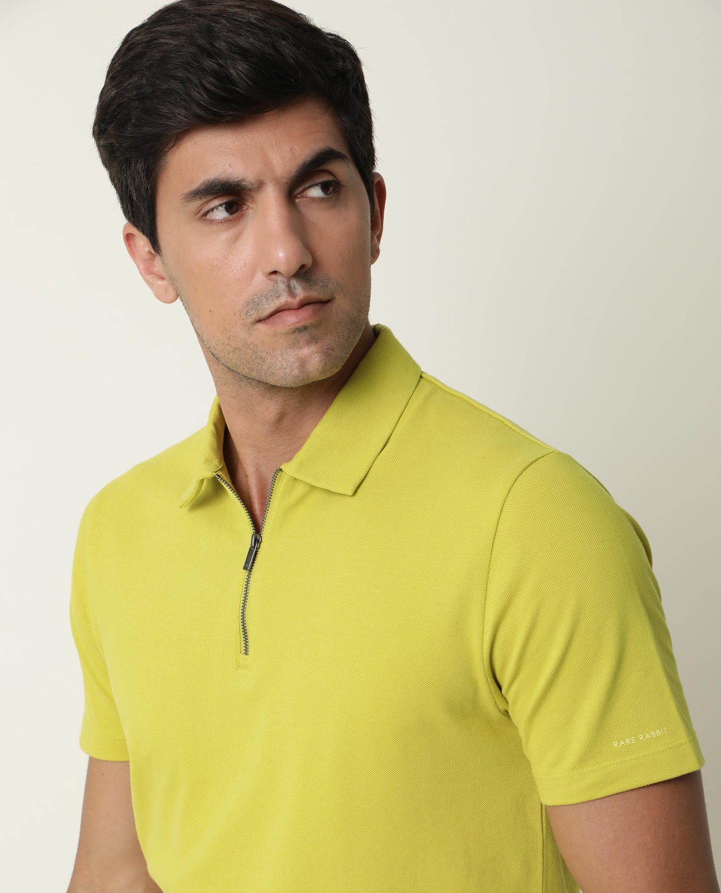 Rare Rabbit Men's Stel Fluorescent Yellow Cotton Fabric Collared Neck Zipper Closure Half Sleeves Polo T-Shirt