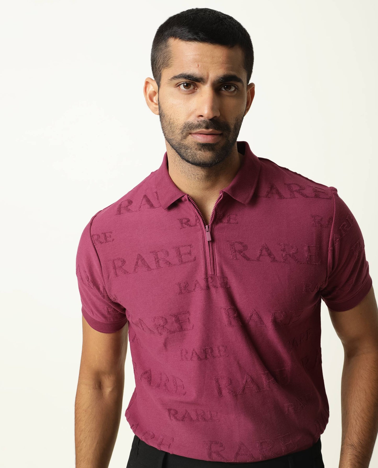 Rare Rabbit Men'S Gesset Dark Pink Polo Cotton Fabric Collared Neck Half Sleeves Zipper Closure