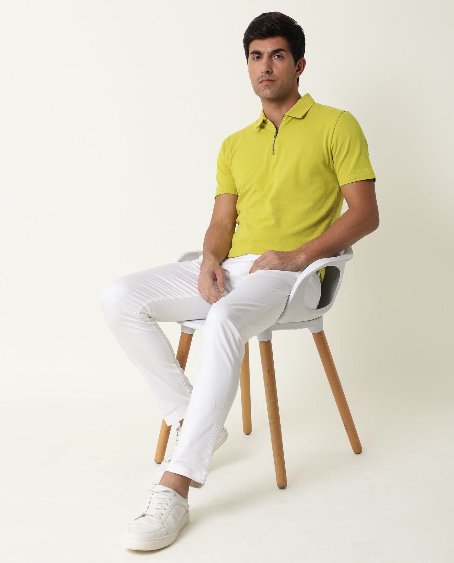 Rare Rabbit Men's Stel Fluorescent Yellow Cotton Fabric Collared Neck Zipper Closure Half Sleeves Polo T-Shirt