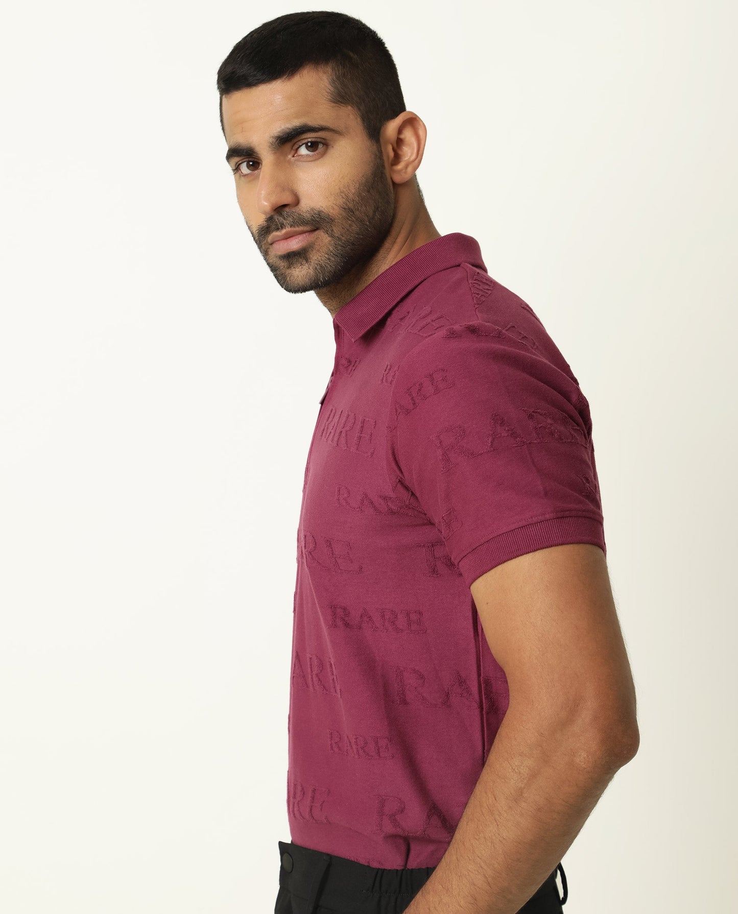 Rare Rabbit Men'S Gesset Dark Pink Polo Cotton Fabric Collared Neck Half Sleeves Zipper Closure