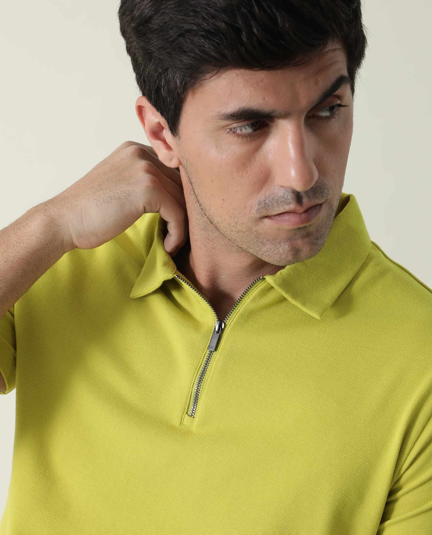 Rare Rabbit Men's Stel Fluorescent Yellow Cotton Fabric Collared Neck Zipper Closure Half Sleeves Polo T-Shirt