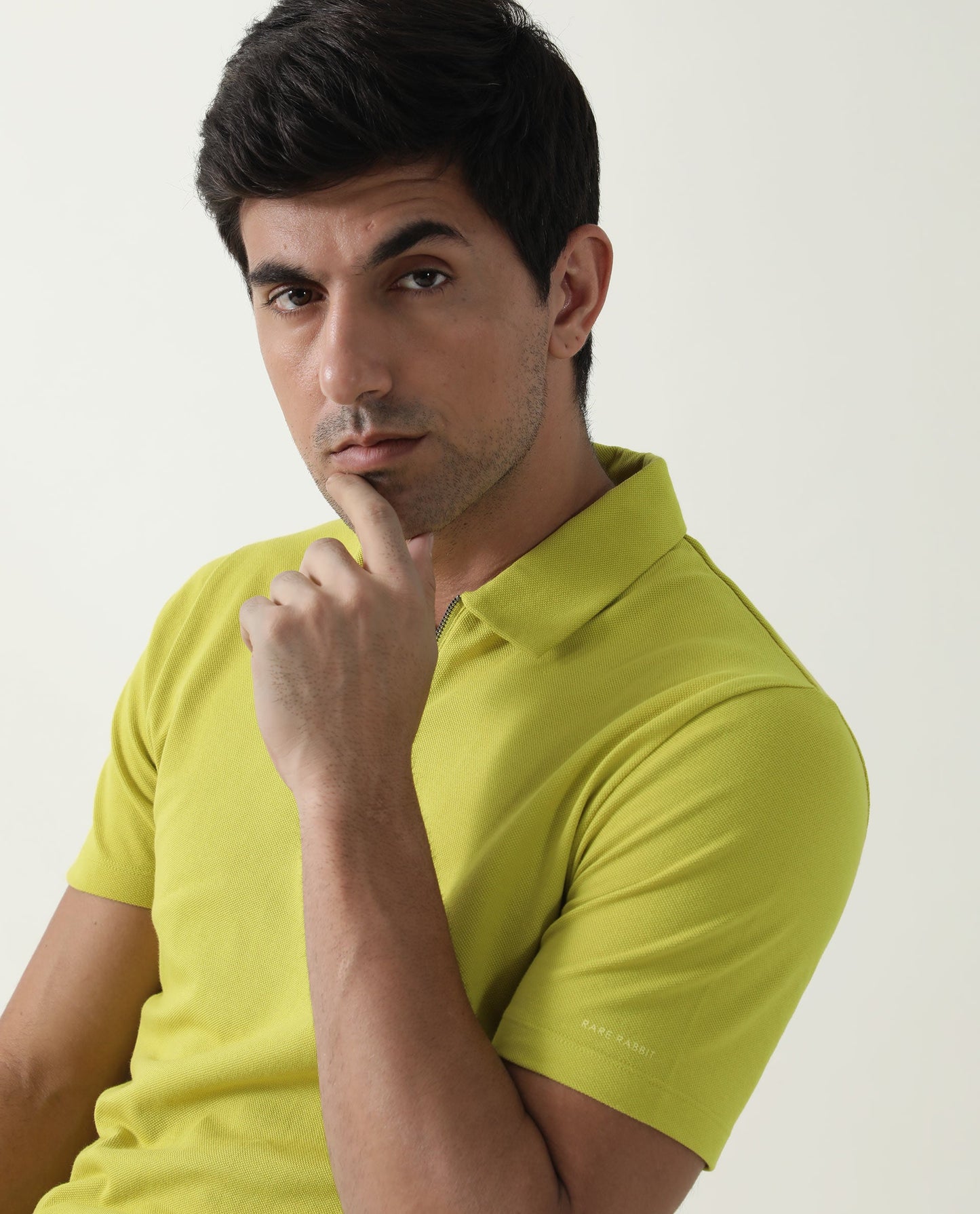 Rare Rabbit Men's Stel Fluorescent Yellow Cotton Fabric Collared Neck Zipper Closure Half Sleeves Polo T-Shirt