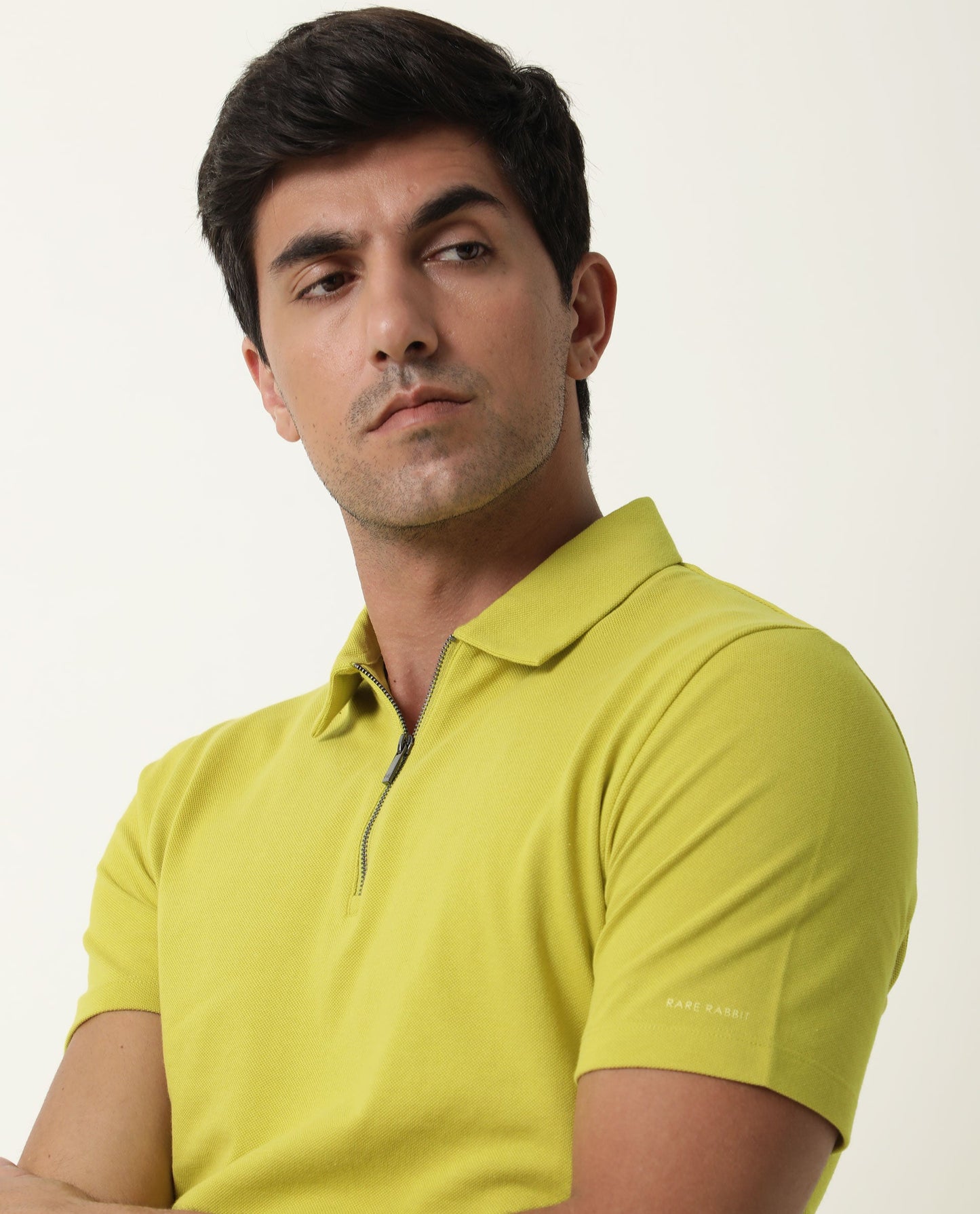 Rare Rabbit Men's Stel Fluorescent Yellow Cotton Fabric Collared Neck Zipper Closure Half Sleeves Polo T-Shirt