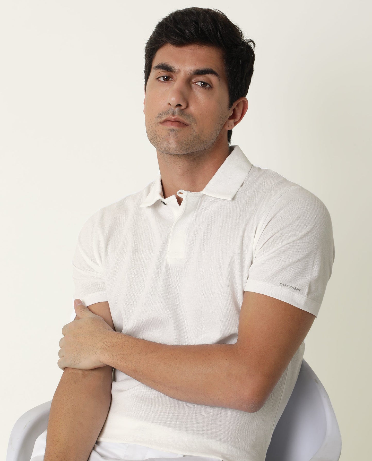 Rare Rabbit Men's Zeny White Cotton Fabric Collared Neck Loop Collar Button Closure Half Sleeve Polo T-Shirt