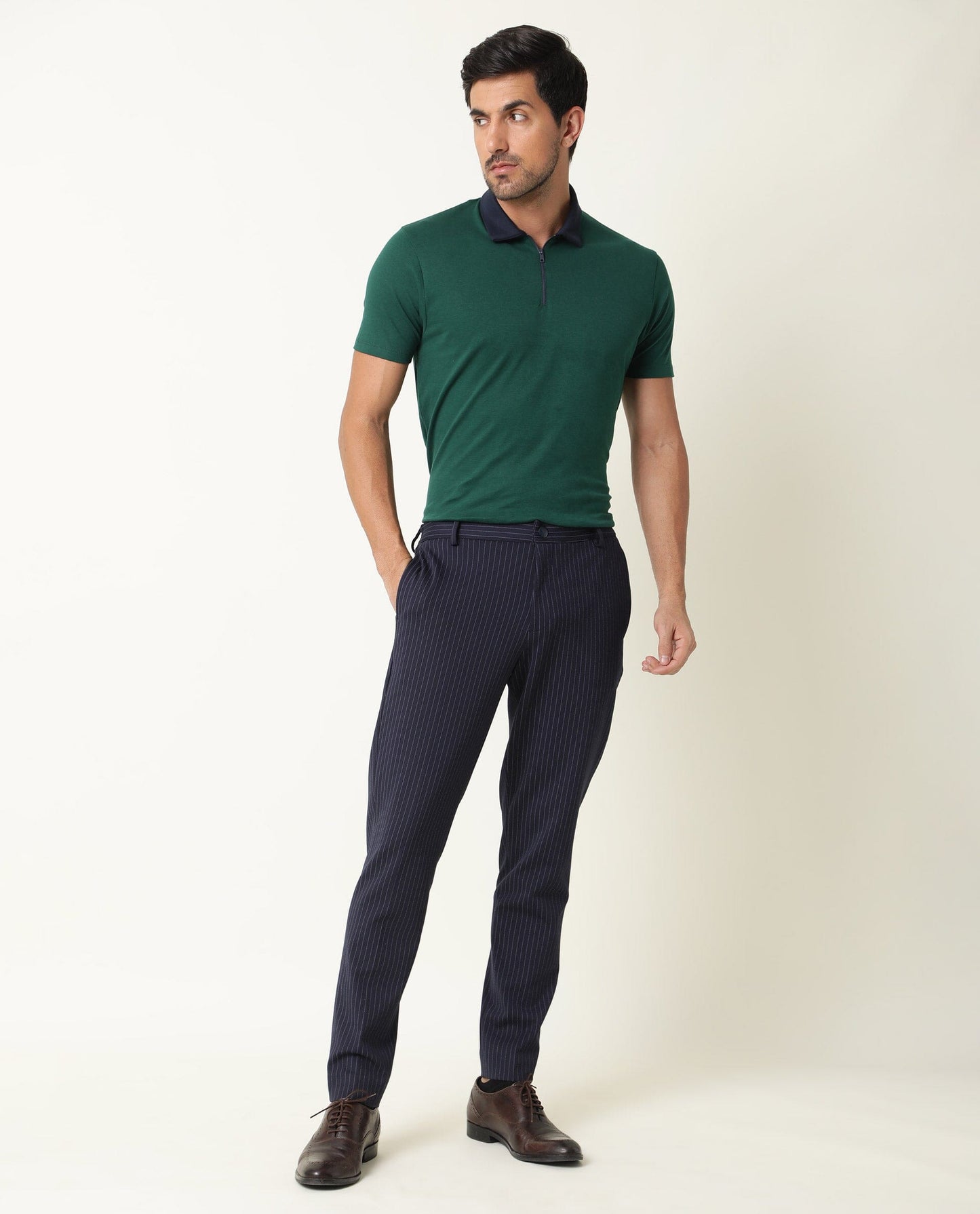 Rare Rabbit Men's Cloud Dark Green Cotton Fabric Collared Neck Zipper Closure Half Sleeves Polo T-Shirt