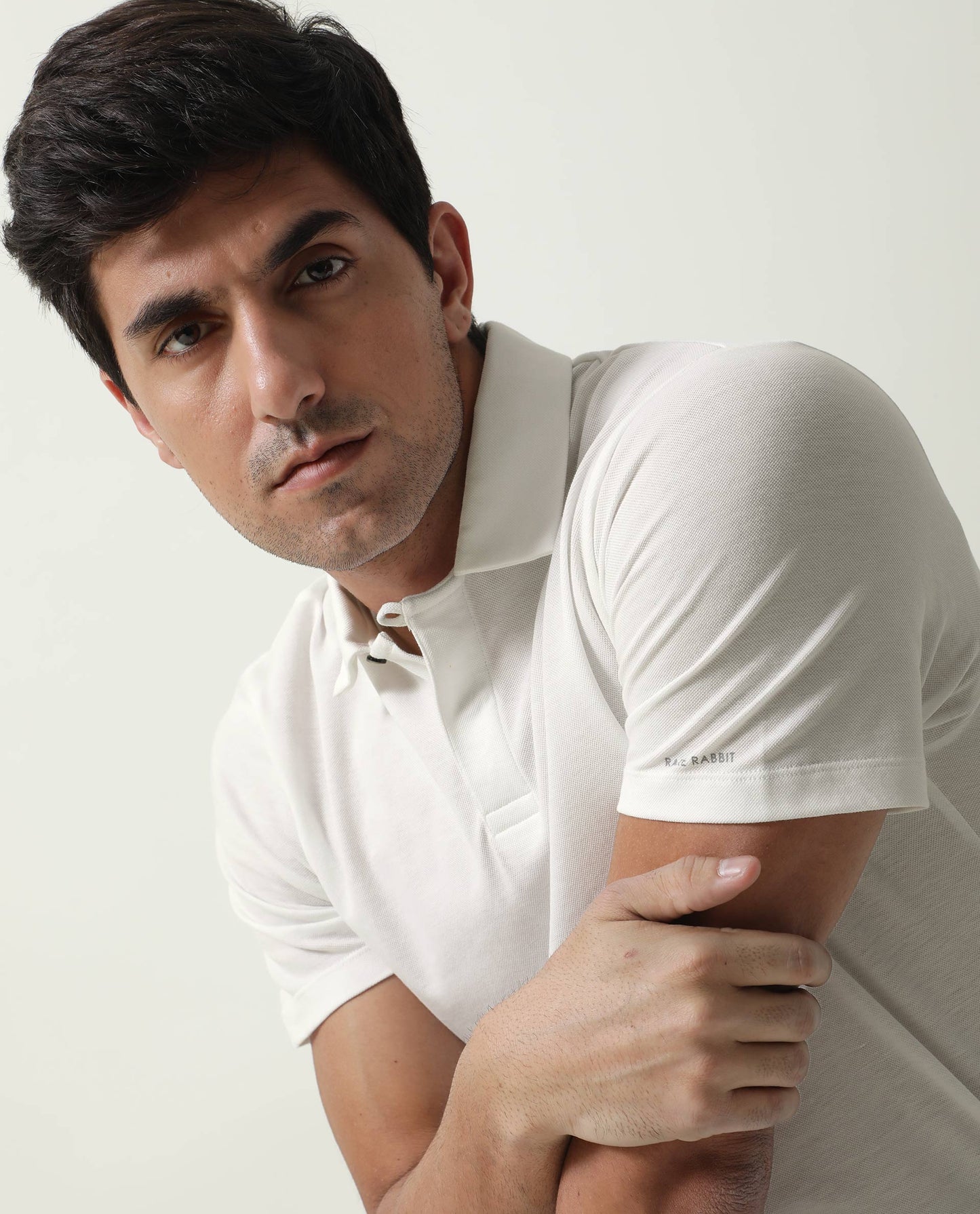 Rare Rabbit Men's Zeny White Cotton Fabric Collared Neck Loop Collar Button Closure Half Sleeve Polo T-Shirt
