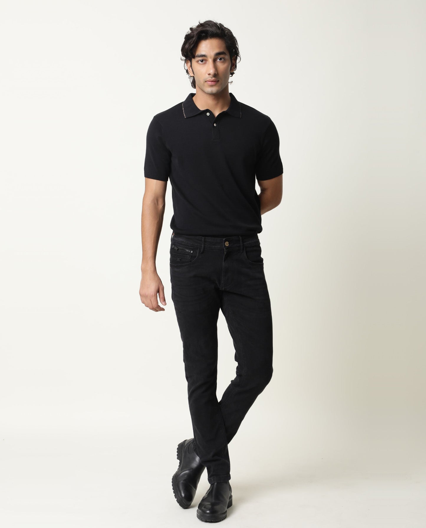 Rare Rabbit Men'S Kefa Black Polo Cotton Fabric Collared Neck Half Sleeves Button Closure Slim Fit