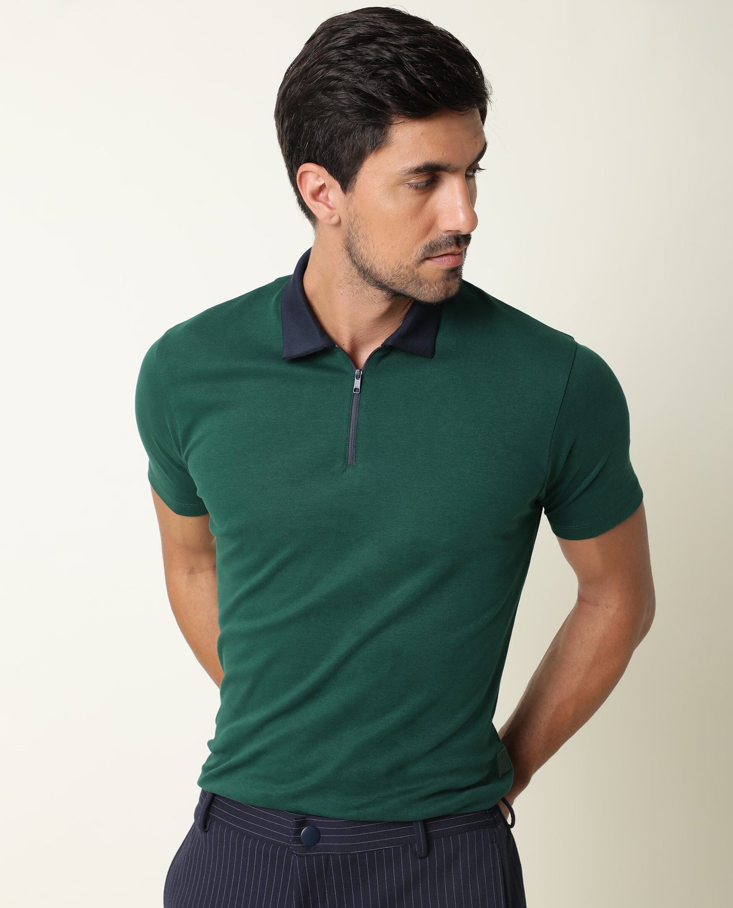 Rare Rabbit Men's Cloud Dark Green Cotton Fabric Collared Neck Zipper Closure Half Sleeves Polo T-Shirt