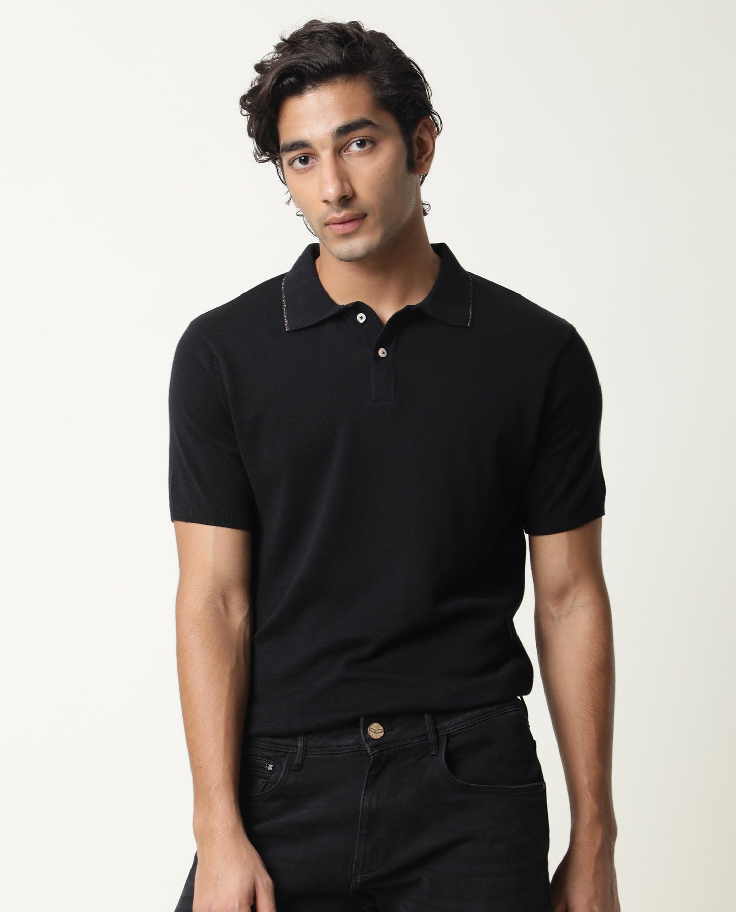 Rare Rabbit Men'S Kefa Black Polo Cotton Fabric Collared Neck Half Sleeves Button Closure Slim Fit