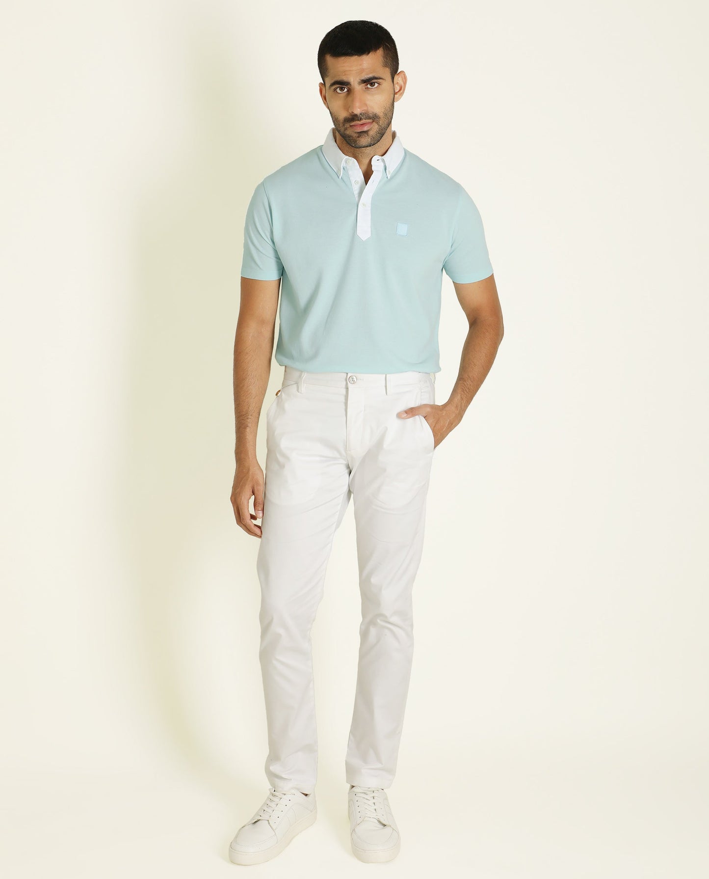 Rare Rabbit Men's Parma Turq Cotton Fabric Collared Neck Half Sleeves Button Closure Polo T-Shirt