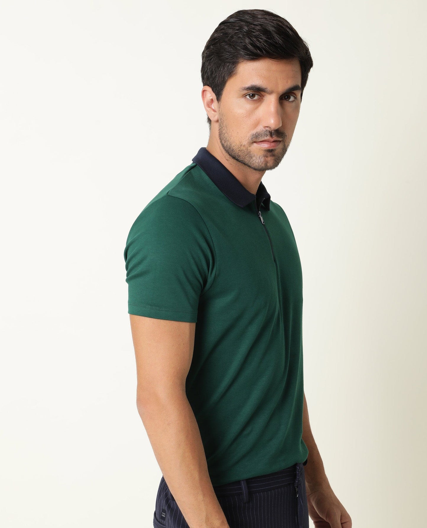 Rare Rabbit Men's Cloud Dark Green Cotton Fabric Collared Neck Zipper Closure Half Sleeves Polo T-Shirt