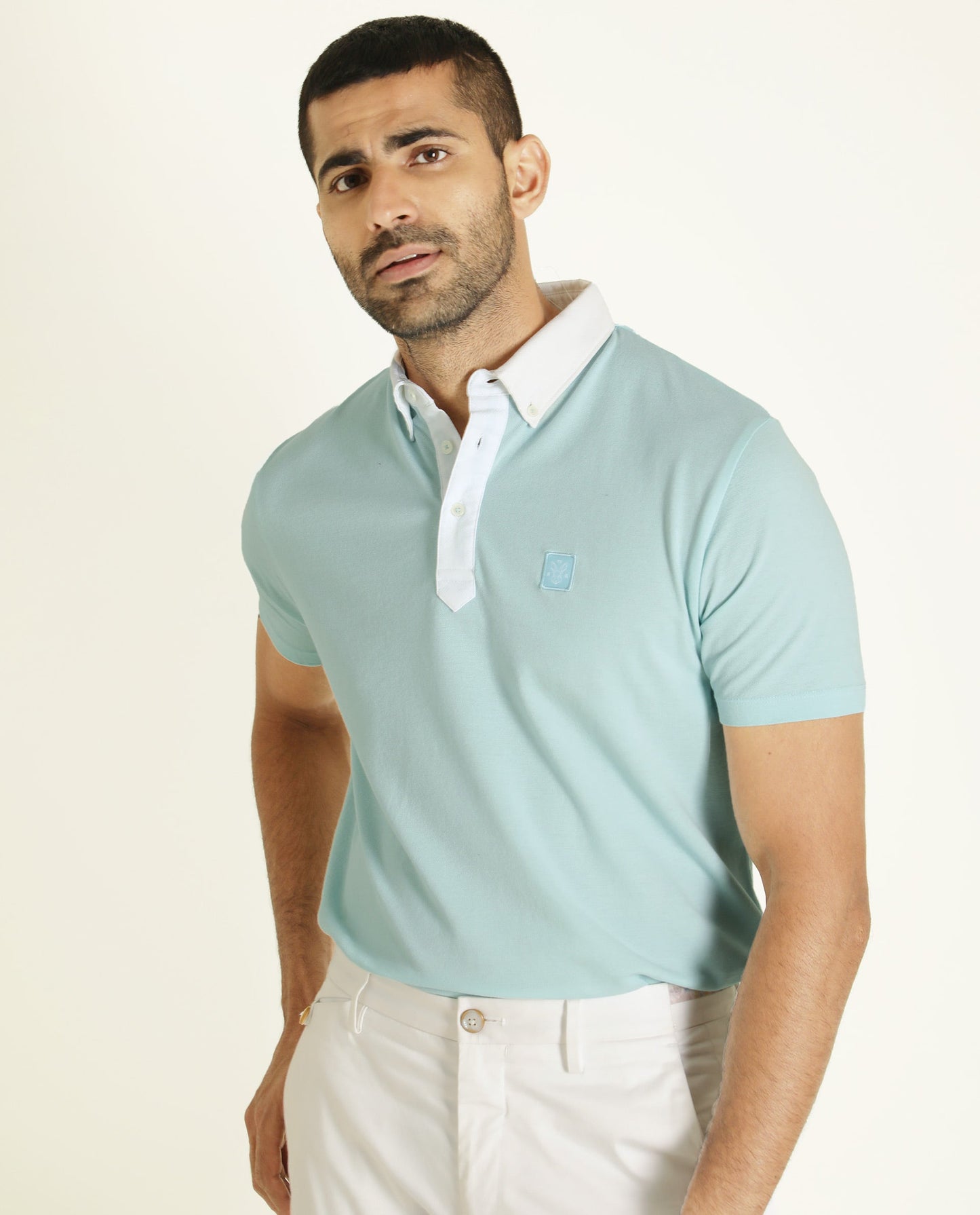 Rare Rabbit Men's Parma Turq Cotton Fabric Collared Neck Half Sleeves Button Closure Polo T-Shirt