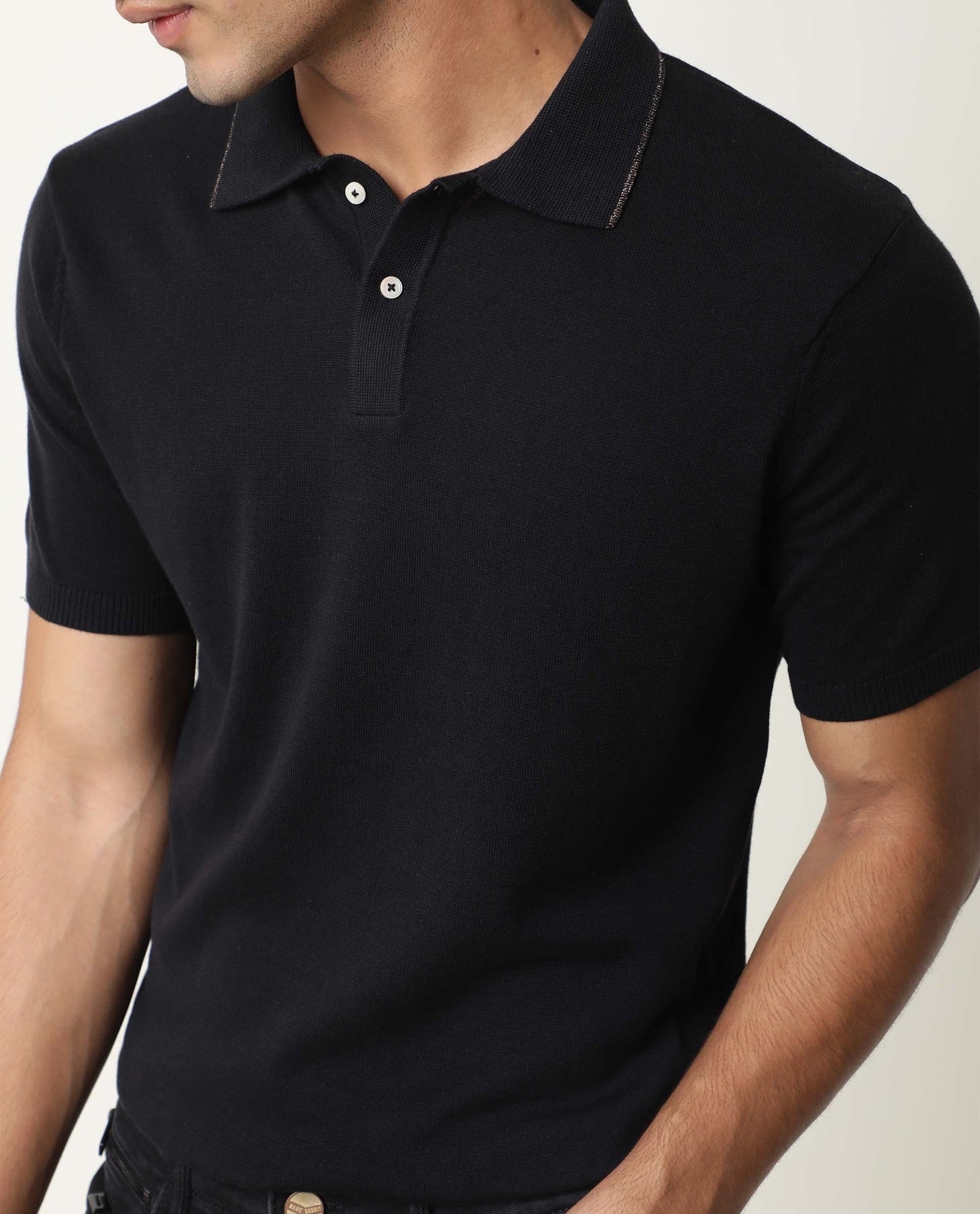 Rare Rabbit Men'S Kefa Black Polo Cotton Fabric Collared Neck Half Sleeves Button Closure Slim Fit