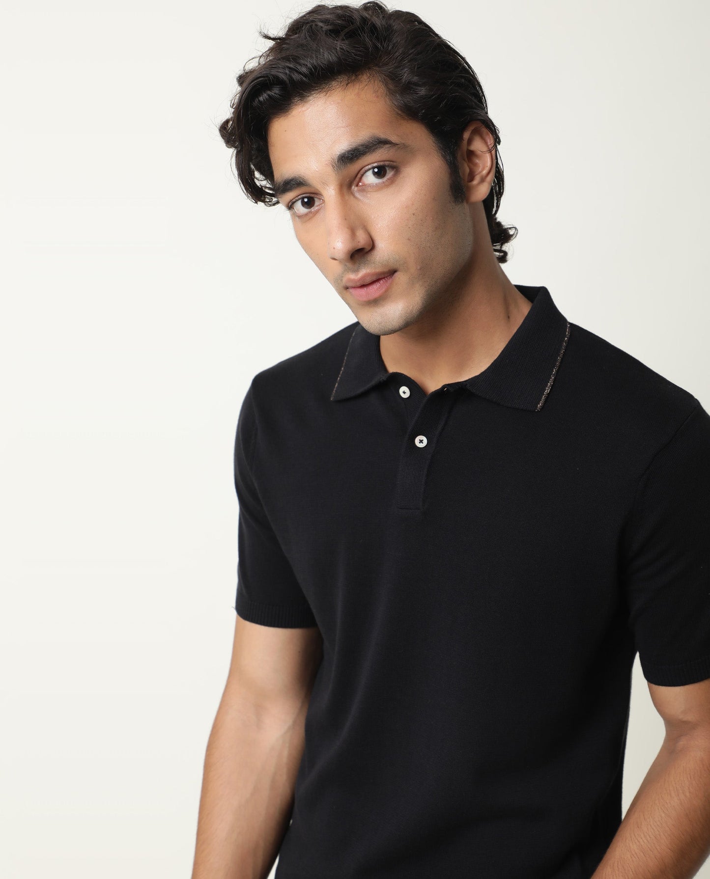 Rare Rabbit Men'S Kefa Black Polo Cotton Fabric Collared Neck Half Sleeves Button Closure Slim Fit
