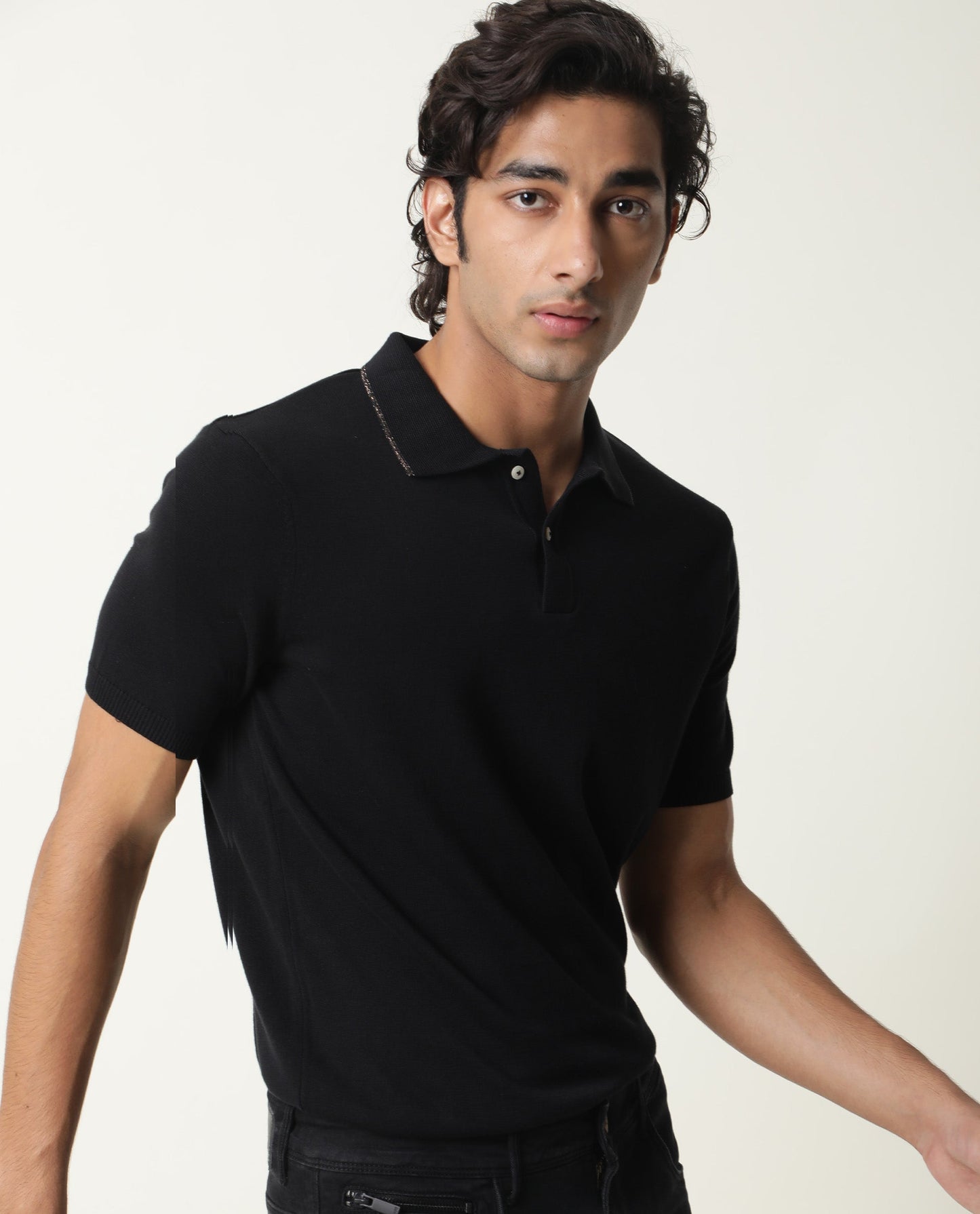 Rare Rabbit Men'S Kefa Black Polo Cotton Fabric Collared Neck Half Sleeves Button Closure Slim Fit