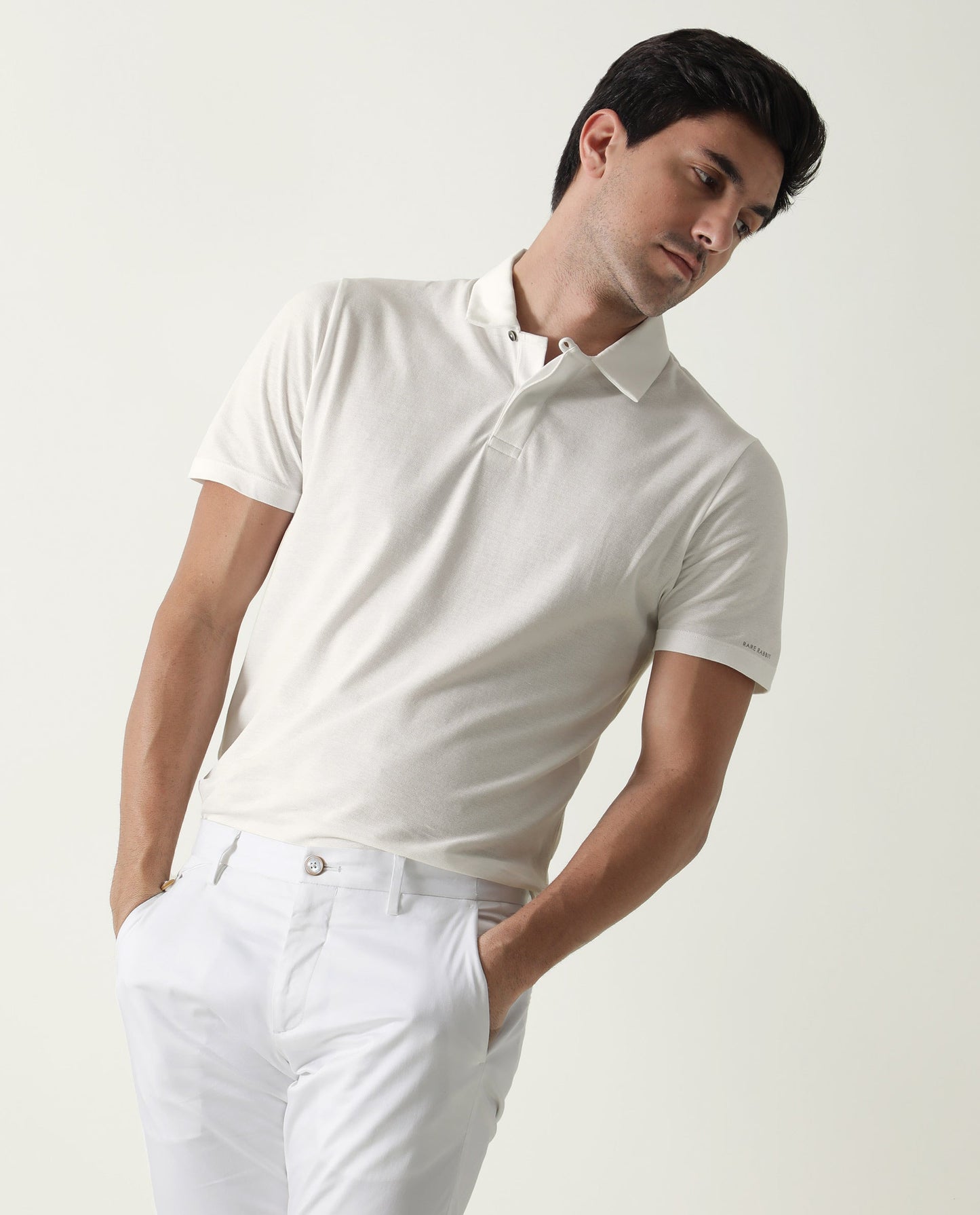 Rare Rabbit Men's Zeny White Cotton Fabric Collared Neck Loop Collar Button Closure Half Sleeve Polo T-Shirt