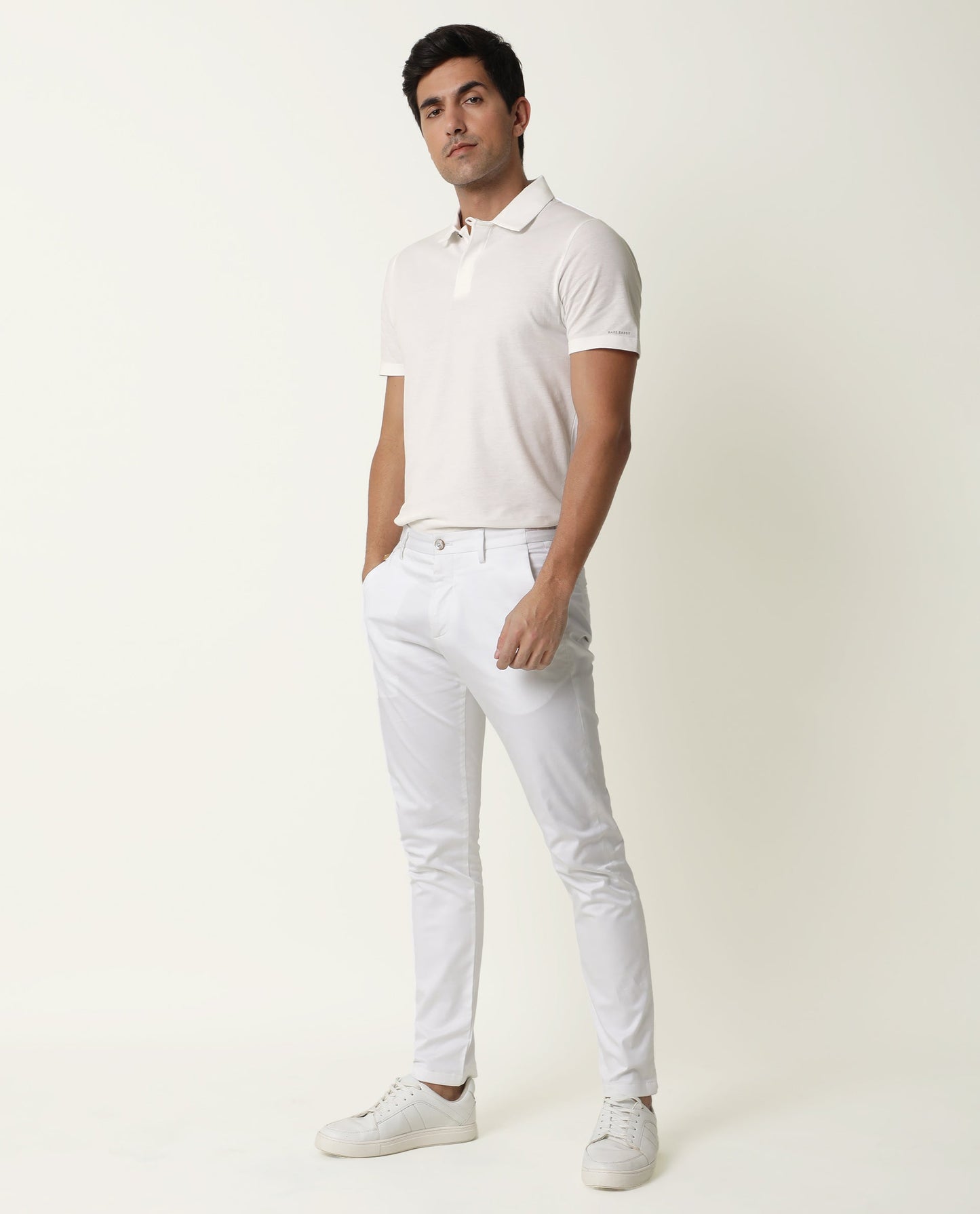 Rare Rabbit Men's Zeny White Cotton Fabric Collared Neck Loop Collar Button Closure Half Sleeve Polo T-Shirt
