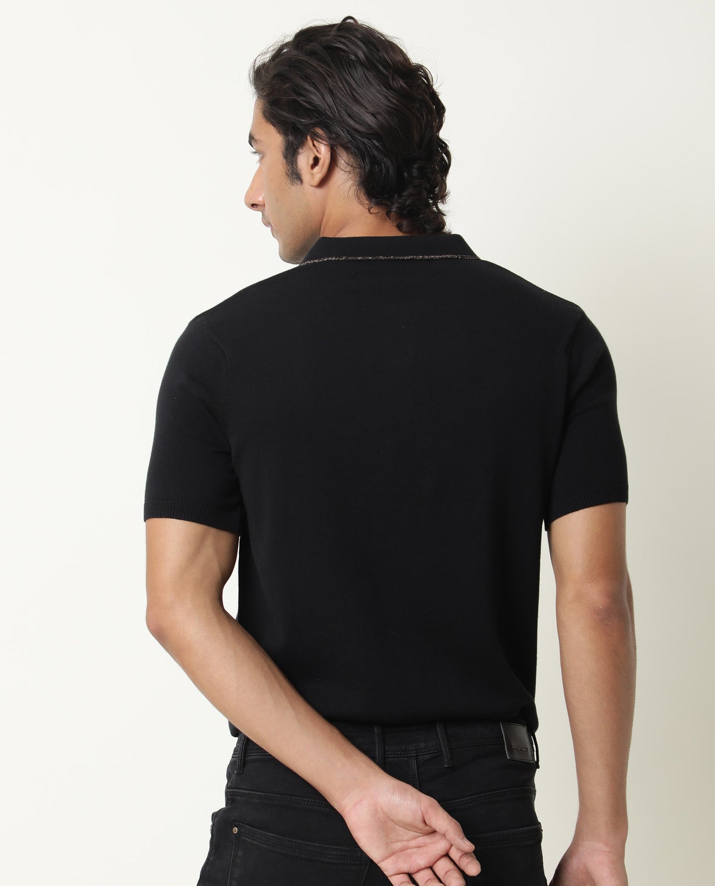 Rare Rabbit Men'S Kefa Black Polo Cotton Fabric Collared Neck Half Sleeves Button Closure Slim Fit