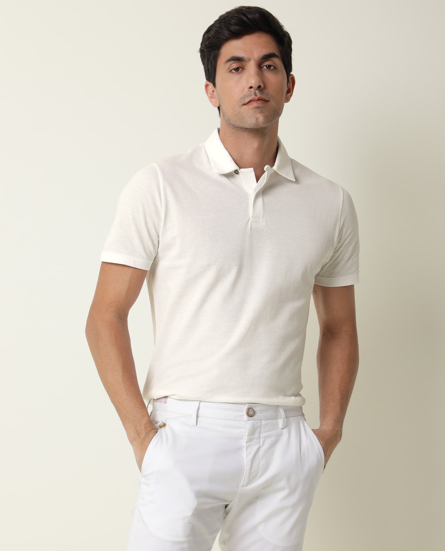 Rare Rabbit Men's Zeny White Cotton Fabric Collared Neck Loop Collar Button Closure Half Sleeve Polo T-Shirt