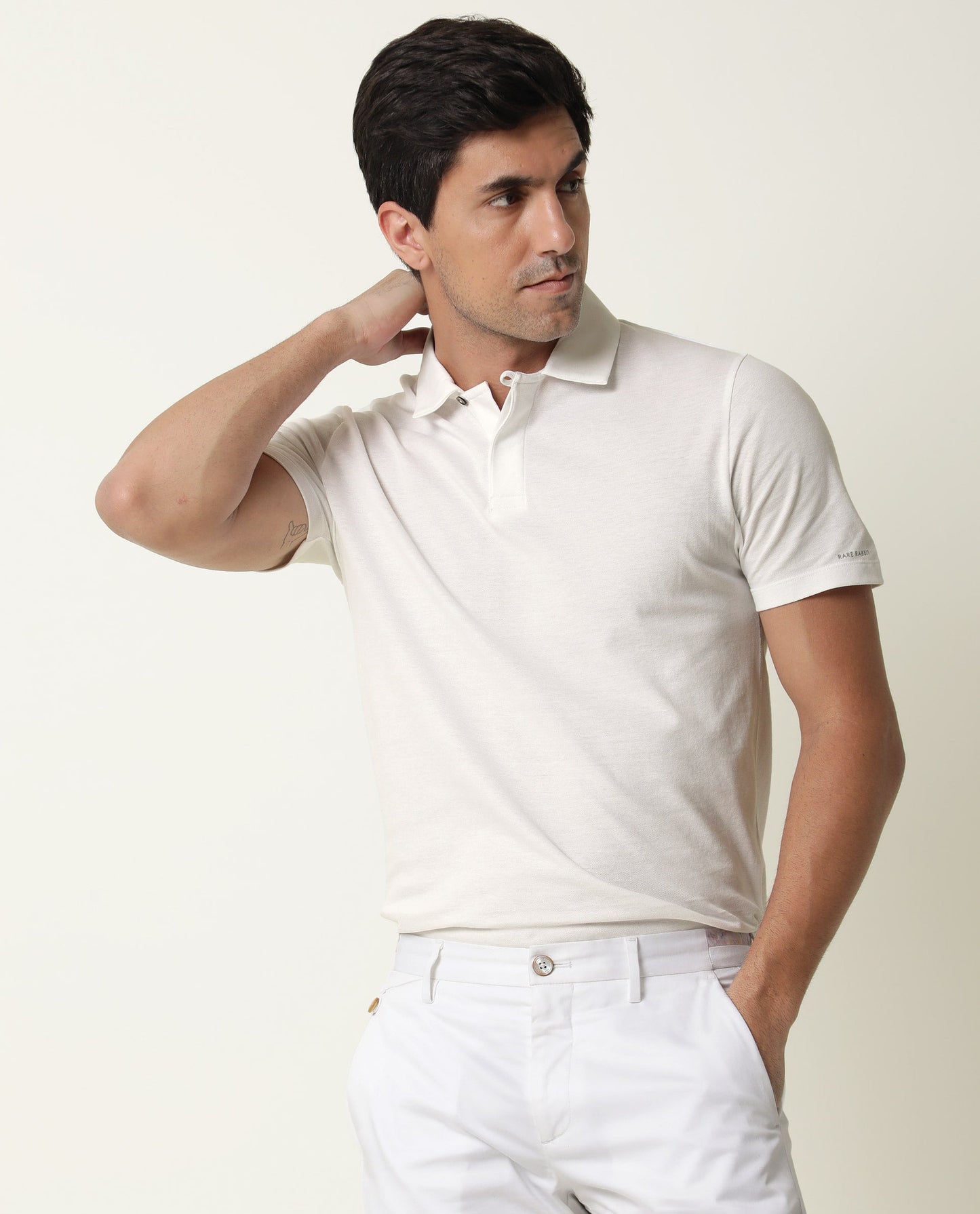 Rare Rabbit Men's Zeny White Cotton Fabric Collared Neck Loop Collar Button Closure Half Sleeve Polo T-Shirt