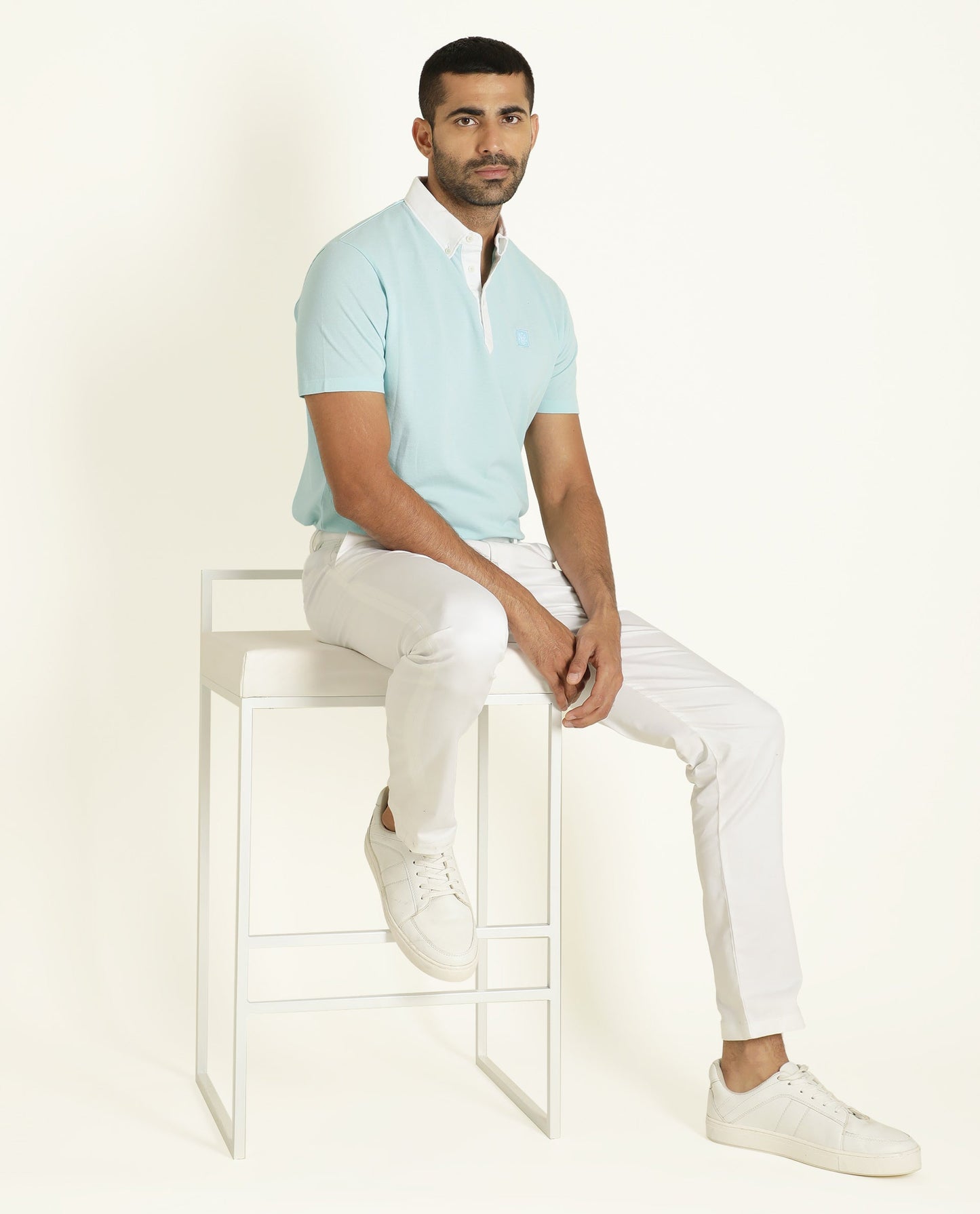 Rare Rabbit Men's Parma Turq Cotton Fabric Collared Neck Half Sleeves Button Closure Polo T-Shirt