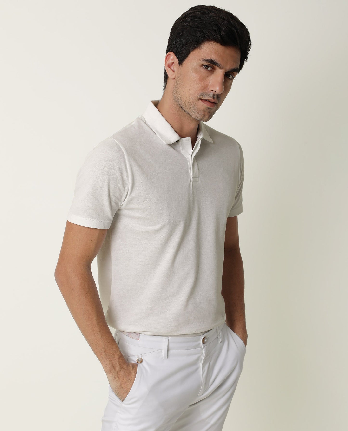 Rare Rabbit Men's Zeny White Cotton Fabric Collared Neck Loop Collar Button Closure Half Sleeve Polo T-Shirt