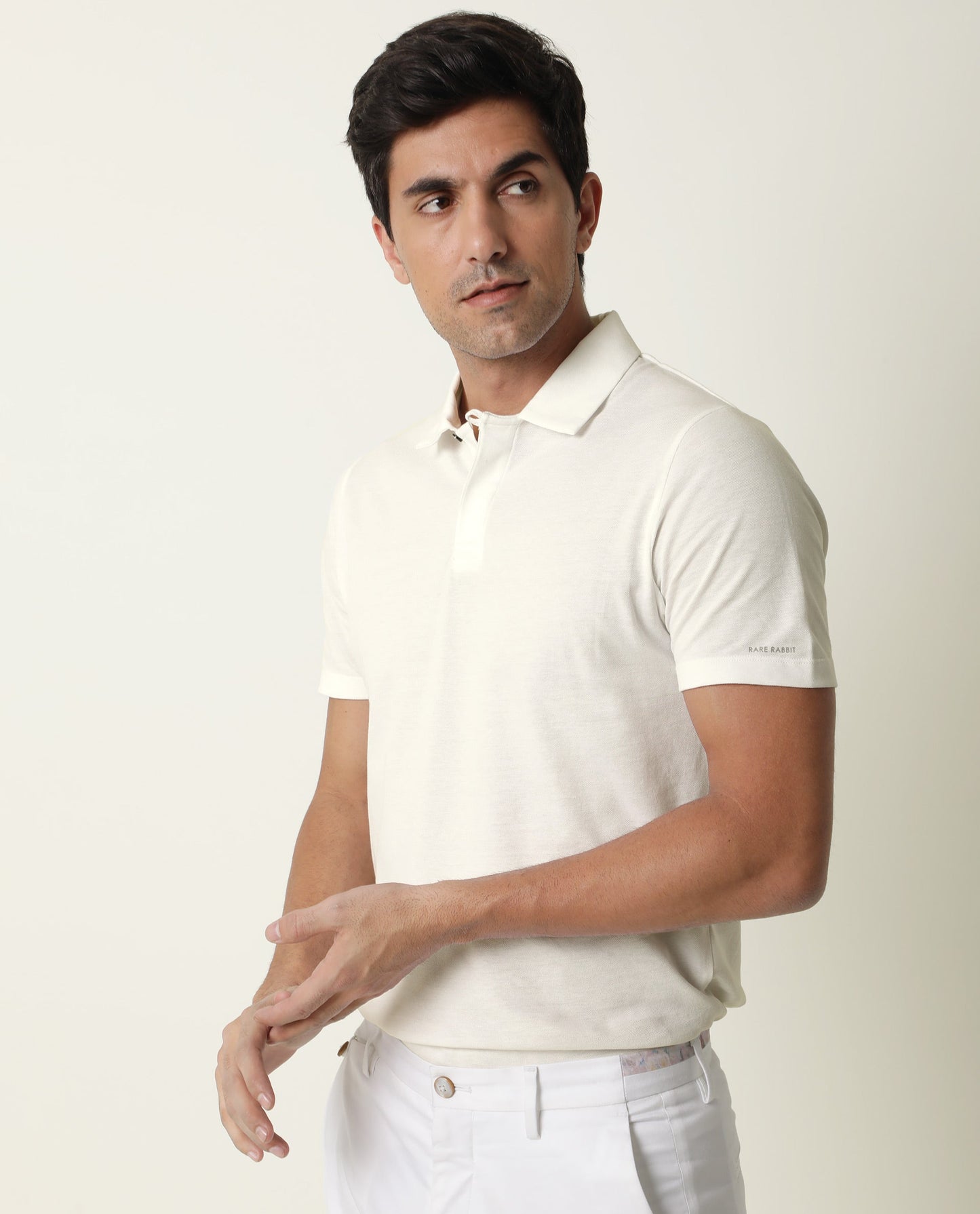 Rare Rabbit Men's Zeny White Cotton Fabric Collared Neck Loop Collar Button Closure Half Sleeve Polo T-Shirt