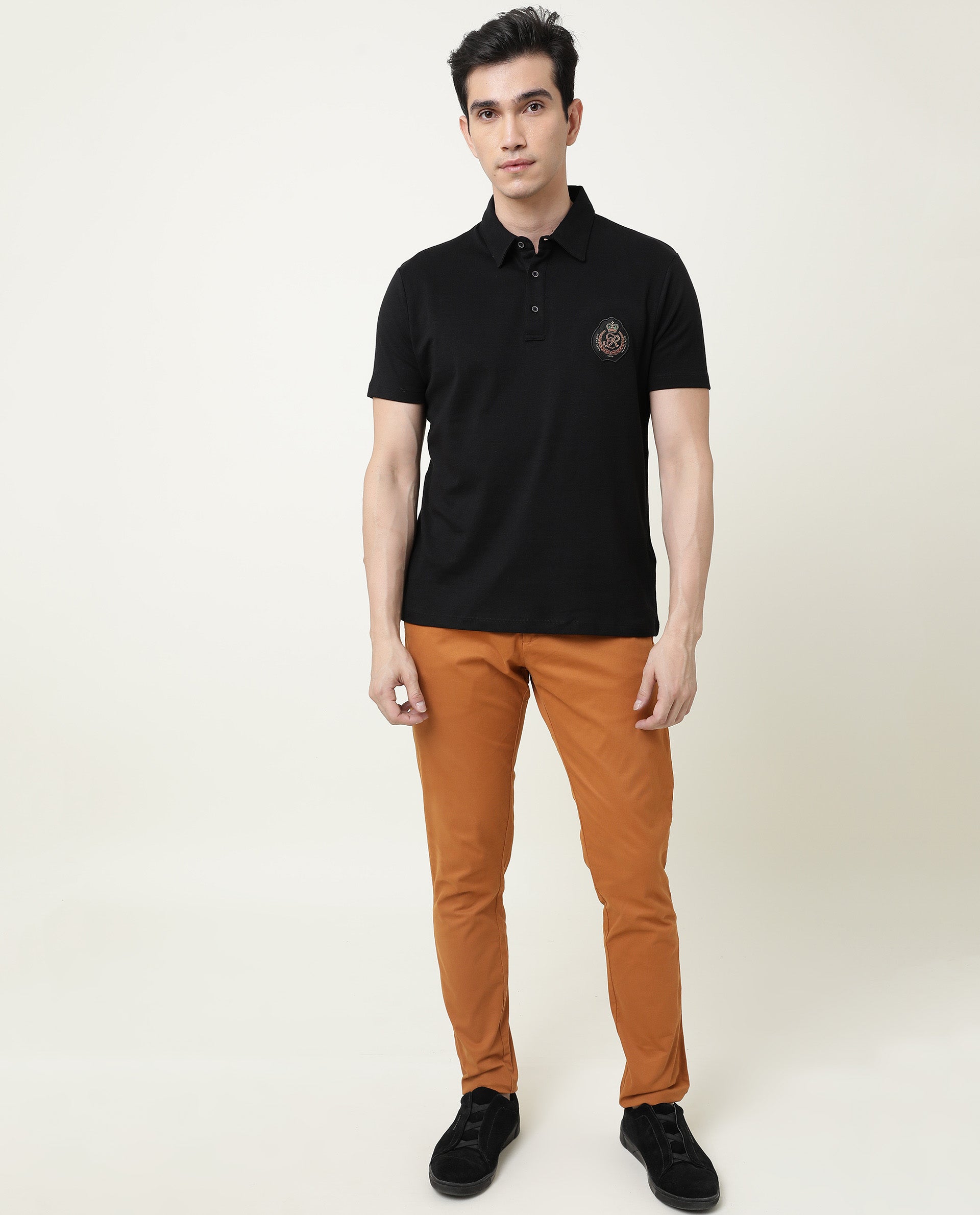 Rare Rabbit Men's Crown P Black Solid Cotton Fabric Collared Neck Chest Crown Badge Half Sleeve Polo T-Shirt