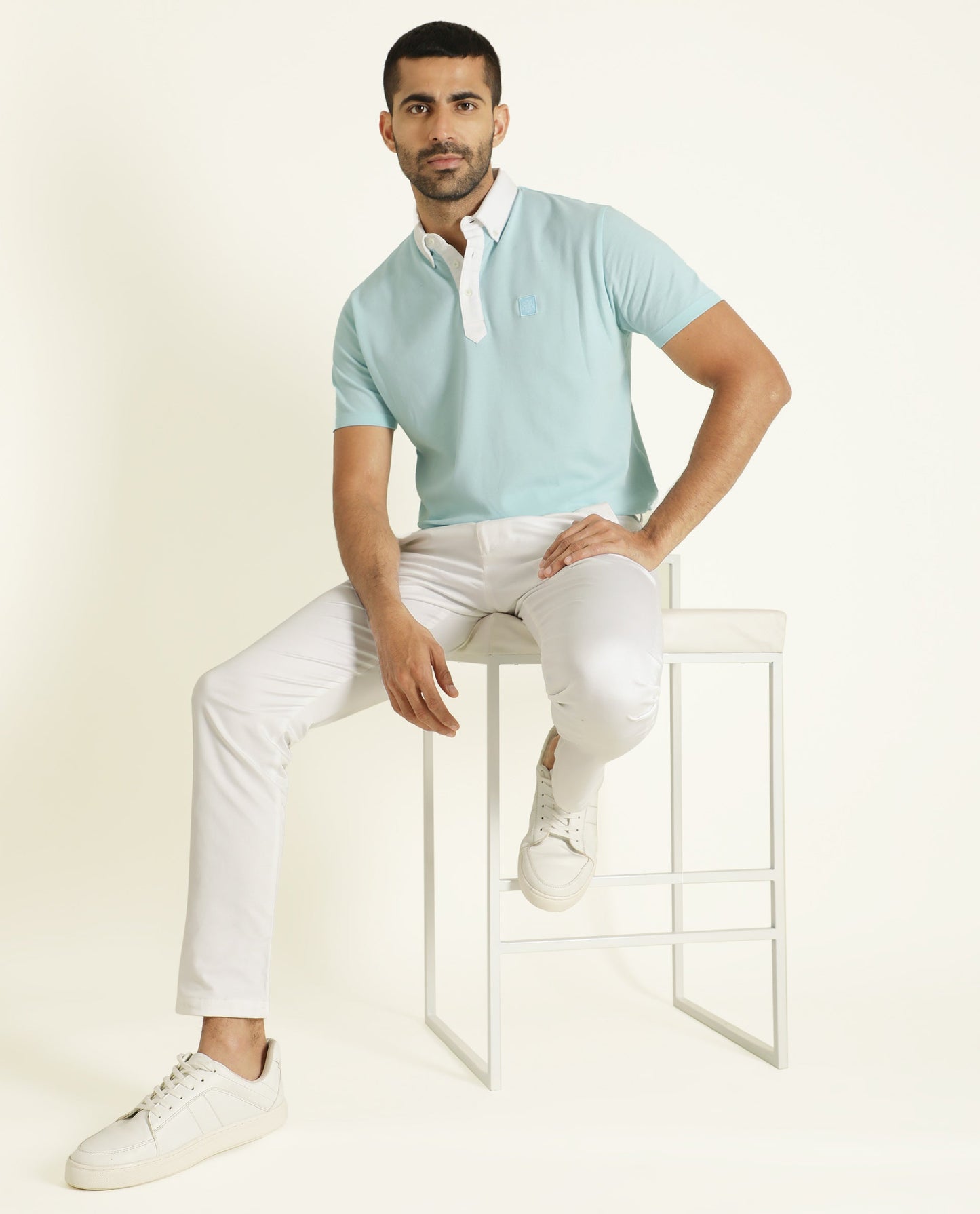 Rare Rabbit Men's Parma Turq Cotton Fabric Collared Neck Half Sleeves Button Closure Polo T-Shirt