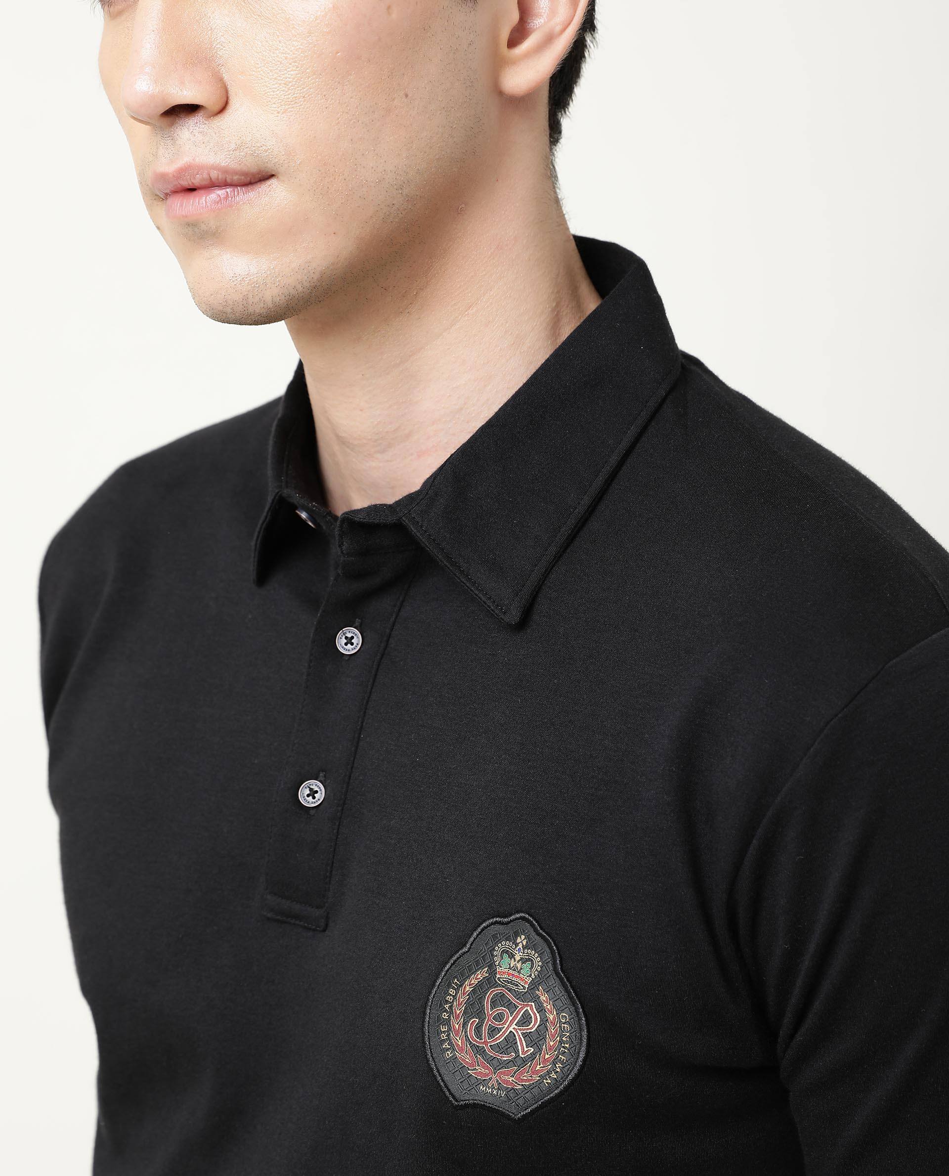 Rare Rabbit Men's Crown P Black Solid Cotton Fabric Collared Neck Chest Crown Badge Half Sleeve Polo T-Shirt