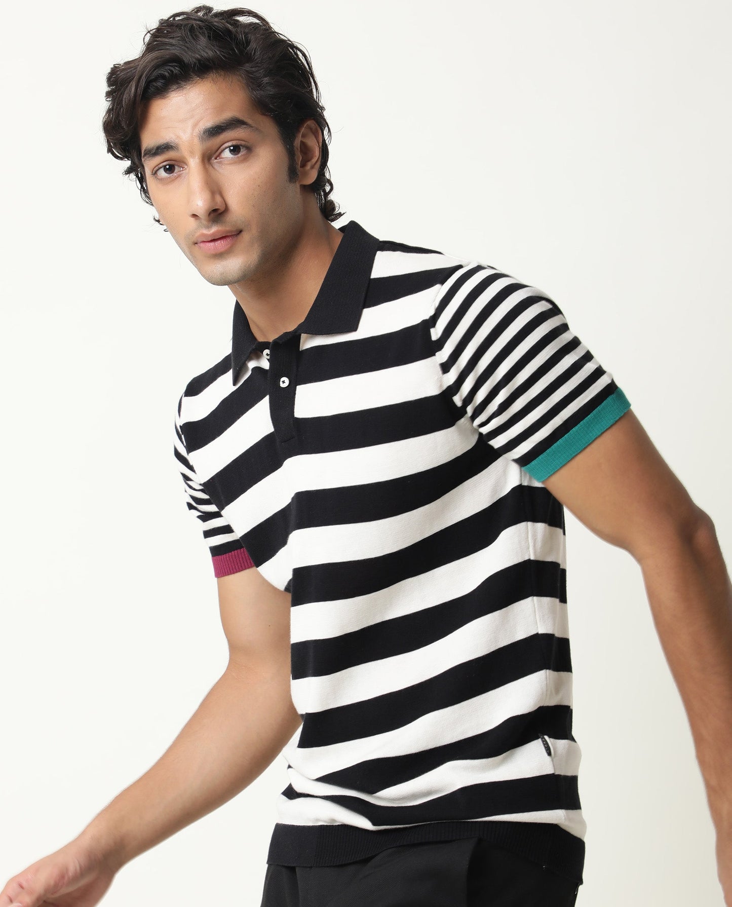 Rare Rabbit Men's Paulo Black Cotton Fabric Collared Neck Striped Polo T-Shirt