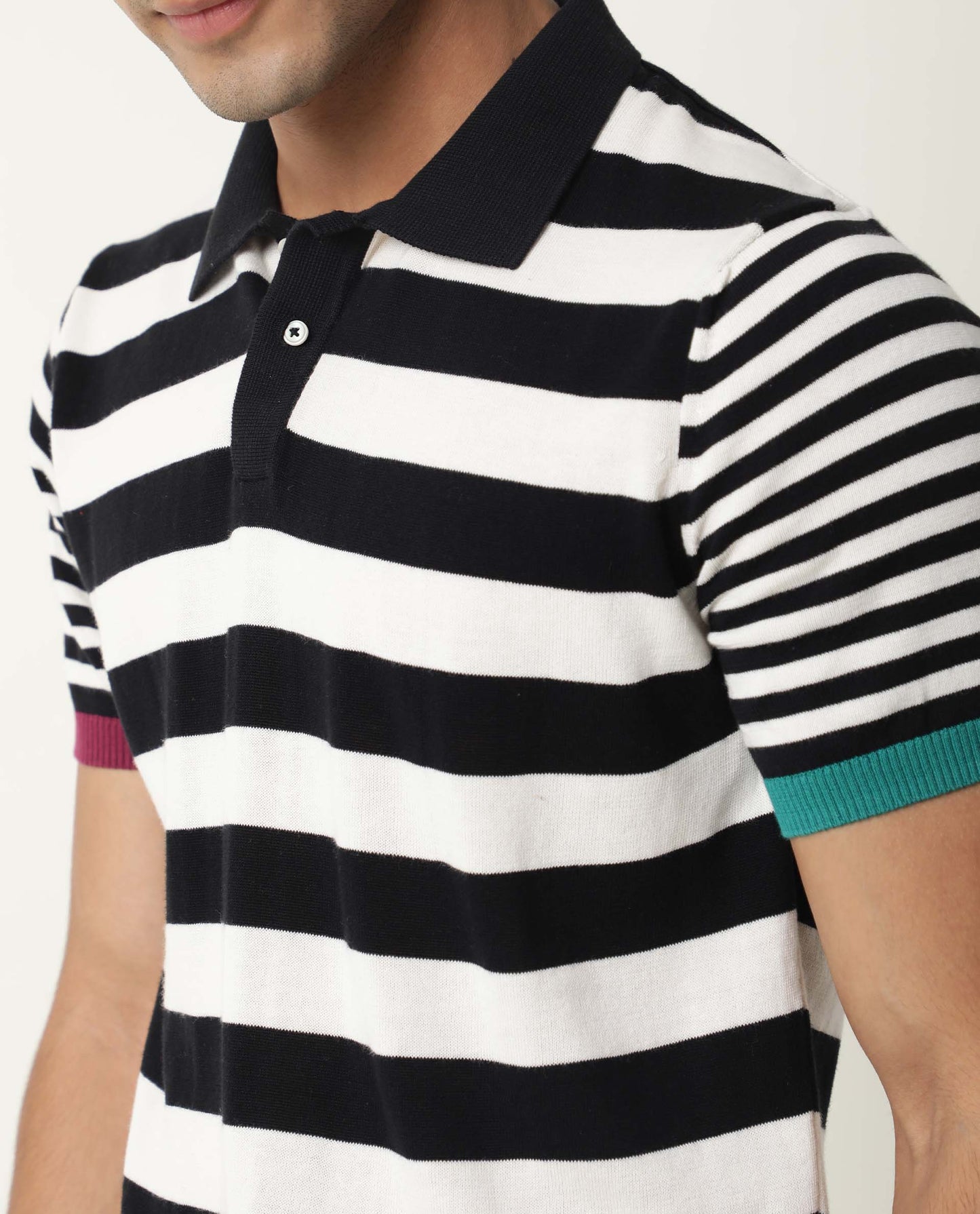 Rare Rabbit Men's Paulo Black Cotton Fabric Collared Neck Striped Polo T-Shirt