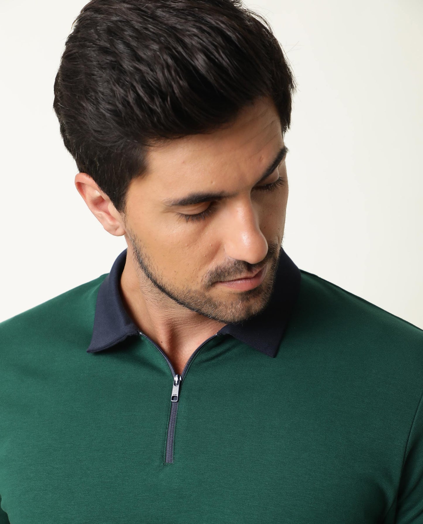 Rare Rabbit Men's Cloud Dark Green Cotton Fabric Collared Neck Zipper Closure Half Sleeves Polo T-Shirt