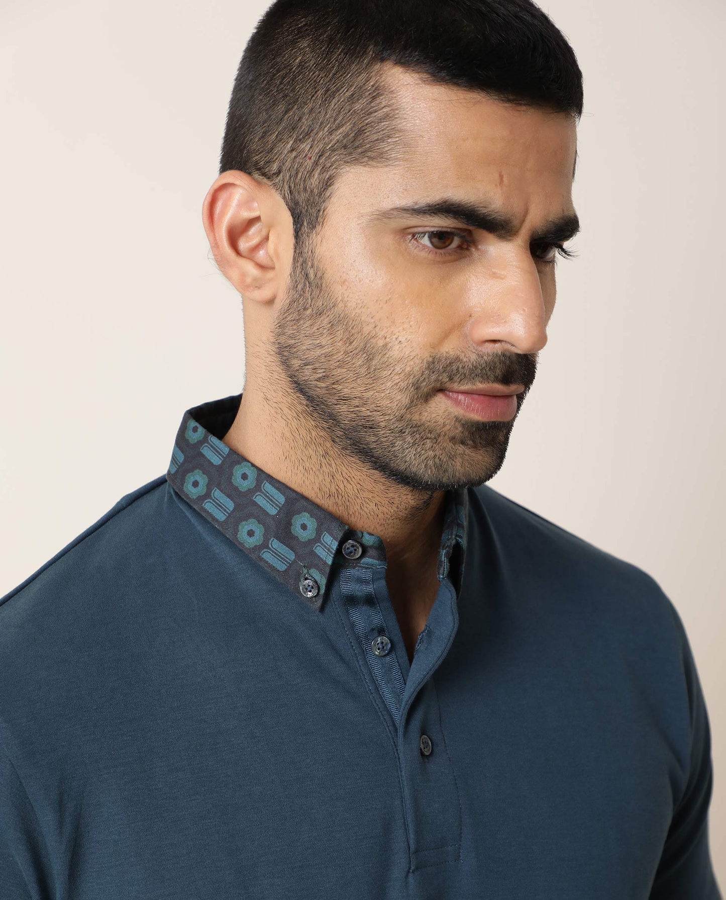 Rare Rabbit Men's Ringers Petrol Cotton Fabric Printed Collar Neck Half Sleeves Polo T-Shirt