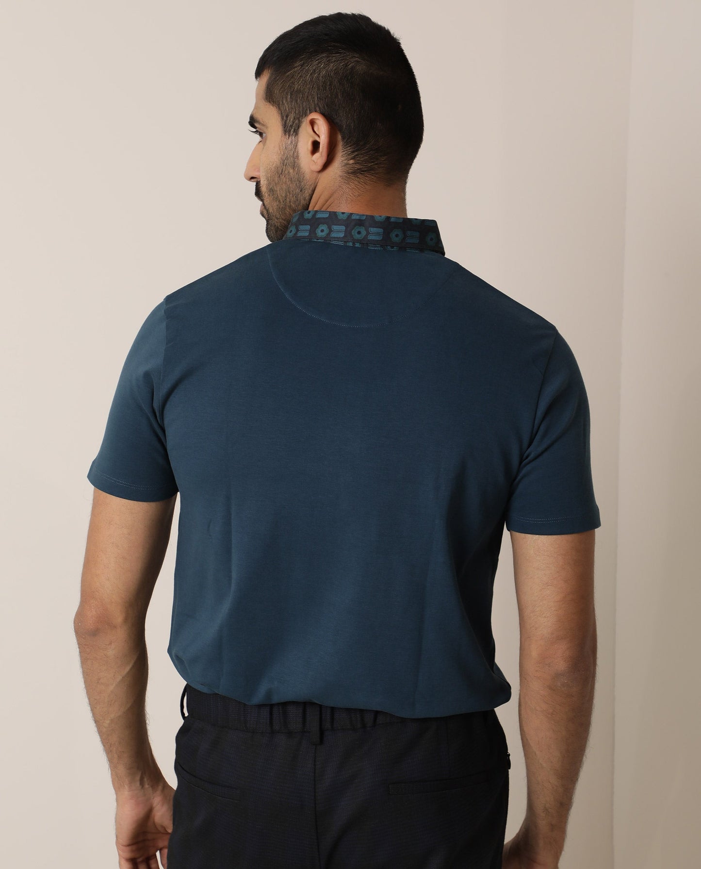 Rare Rabbit Men's Ringers Petrol Cotton Fabric Printed Collar Neck Half Sleeves Polo T-Shirt