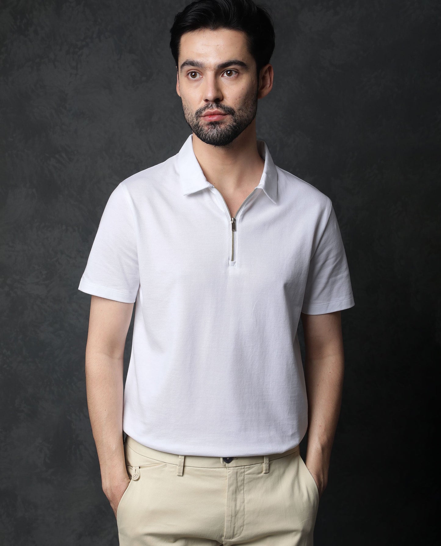 Rare Rabbit Men's Prin White Cotton Fabric Collared Neck Zipper Closure Half Sleeves Polo T-Shirt