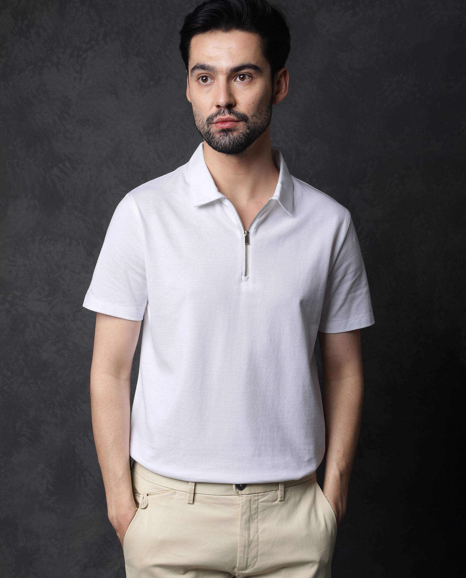 Rare Rabbit Men's Prin White Cotton Fabric Collared Neck Zipper Closure Half Sleeves Polo T-Shirt