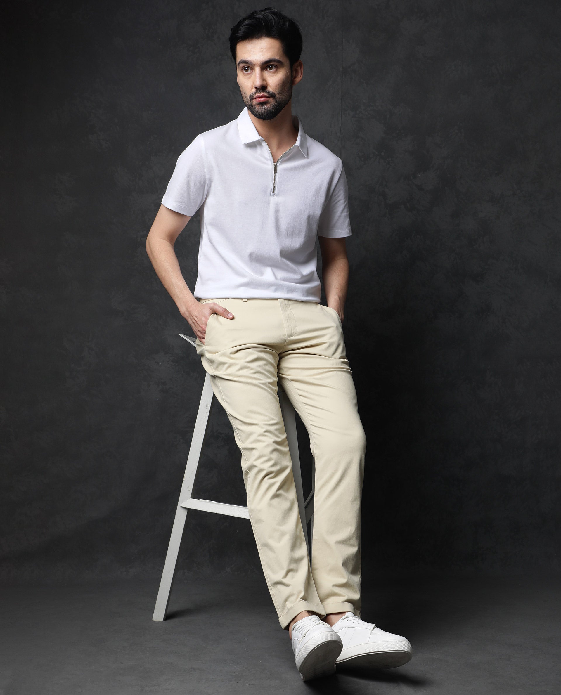 Rare Rabbit Men's Prin White Cotton Fabric Collared Neck Zipper Closure Half Sleeves Polo T-Shirt