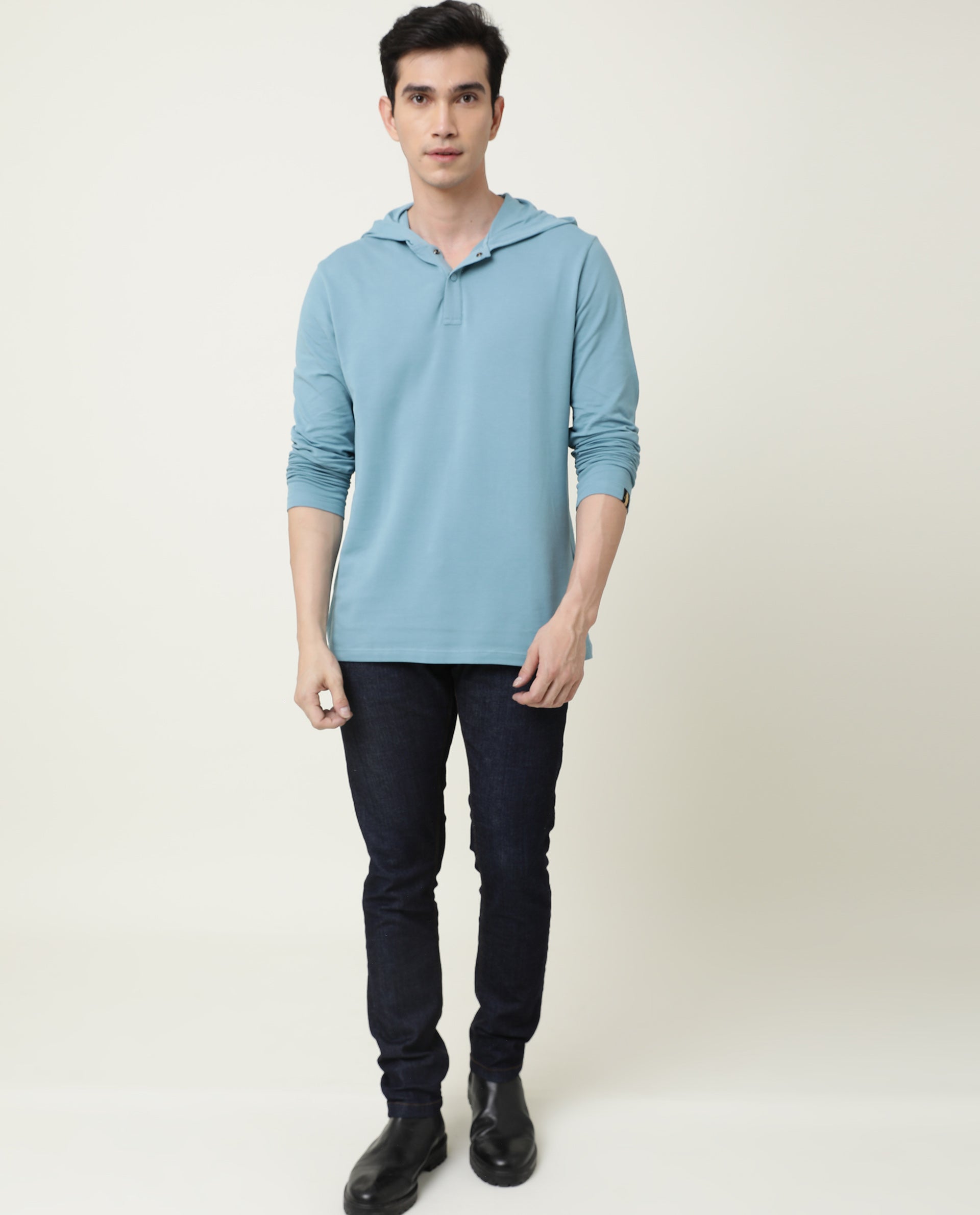 Rare Rabbit Men's Hoods Green Cotton Fabric Long Sleeves Hooded Polo T-Shirt